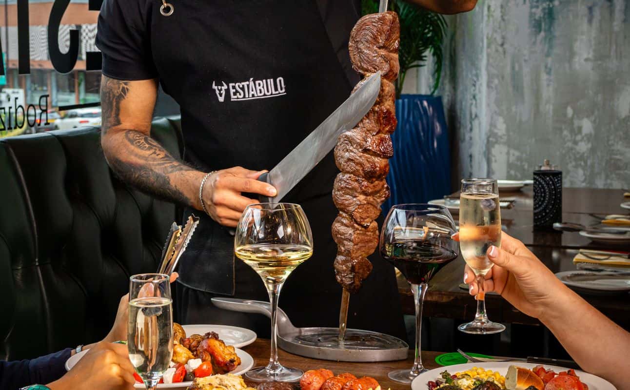 Enjoy Brazilian, Steakhouse, Vegetarian options, Gluten Free options, Restaurant, Bars & pubs, Free wifi, Highchairs available, Table service, Wheelchair accessible, Indoor & outdoor seating, $$$, Groups, Families and Special occasion cuisine at Estabulo Wakefield in Wakefield, Leeds