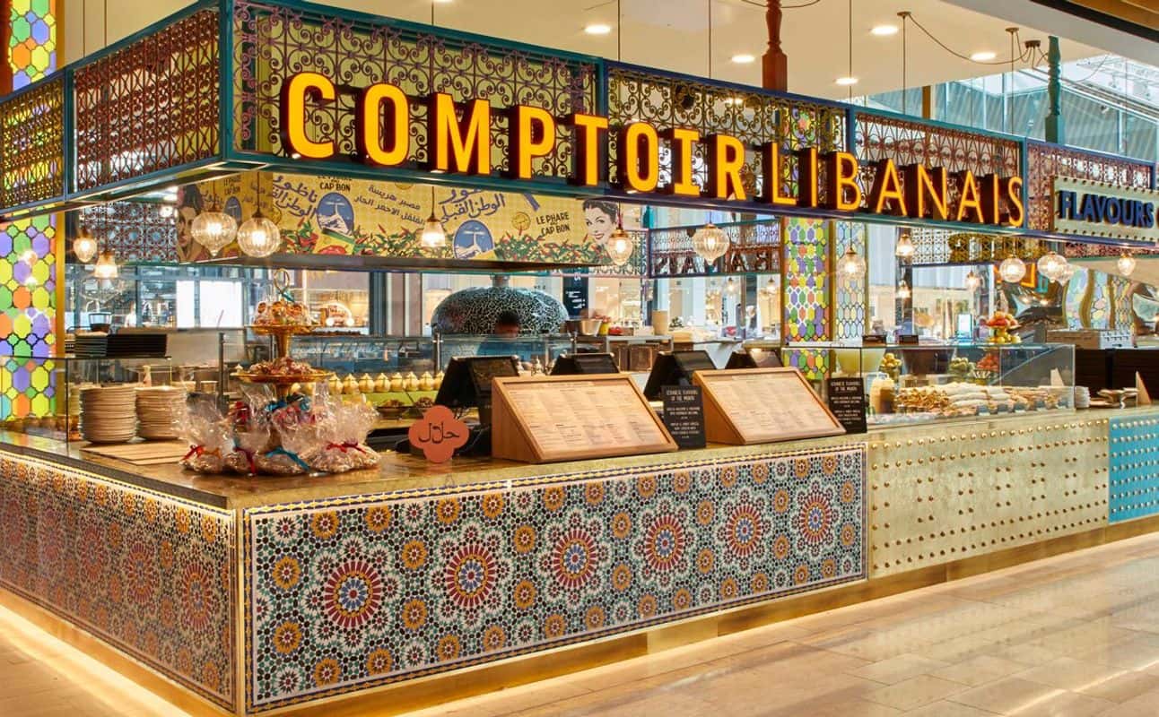 Enjoy Lebanese, Mediterranean, Middle Eastern, Vegan options, Vegetarian options, Gluten Free options, Halal, Restaurant, Wheelchair accessible, $$, Groups and Families cuisine at Comptoir Libanais Cheshire Oaks in Cheshire Oaks, Liverpool