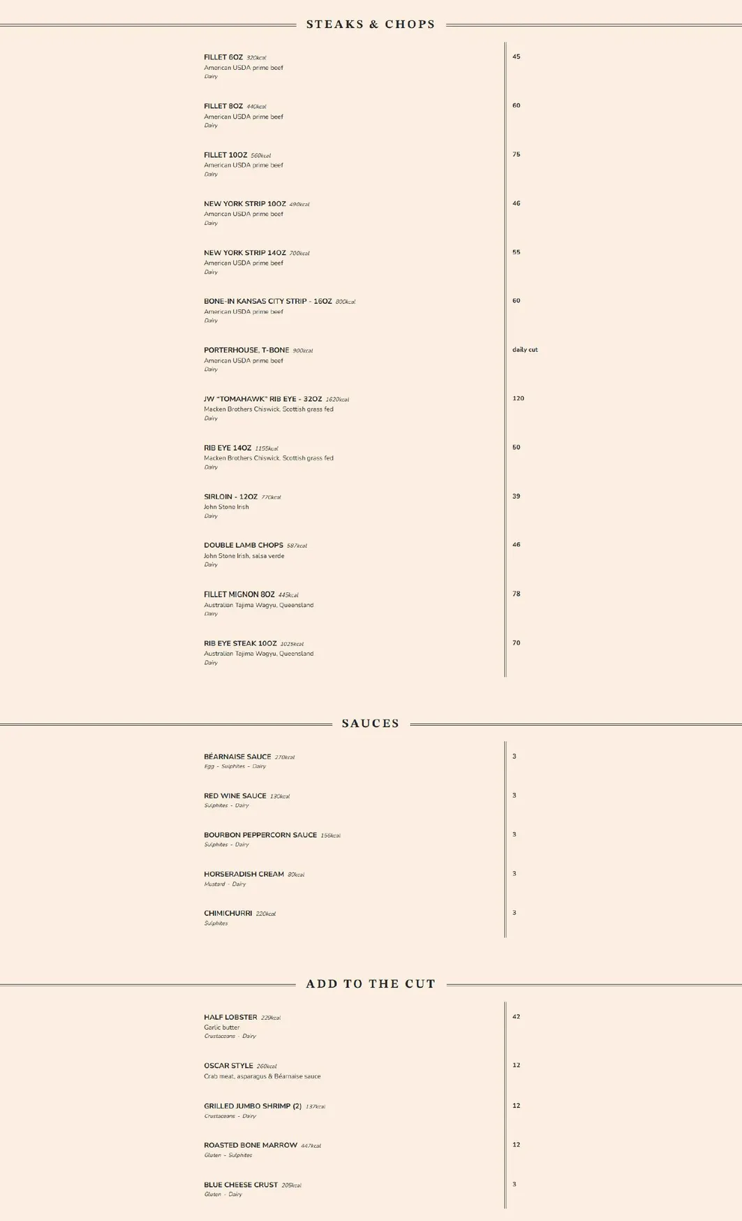 JW Steakhouse menu, page 2