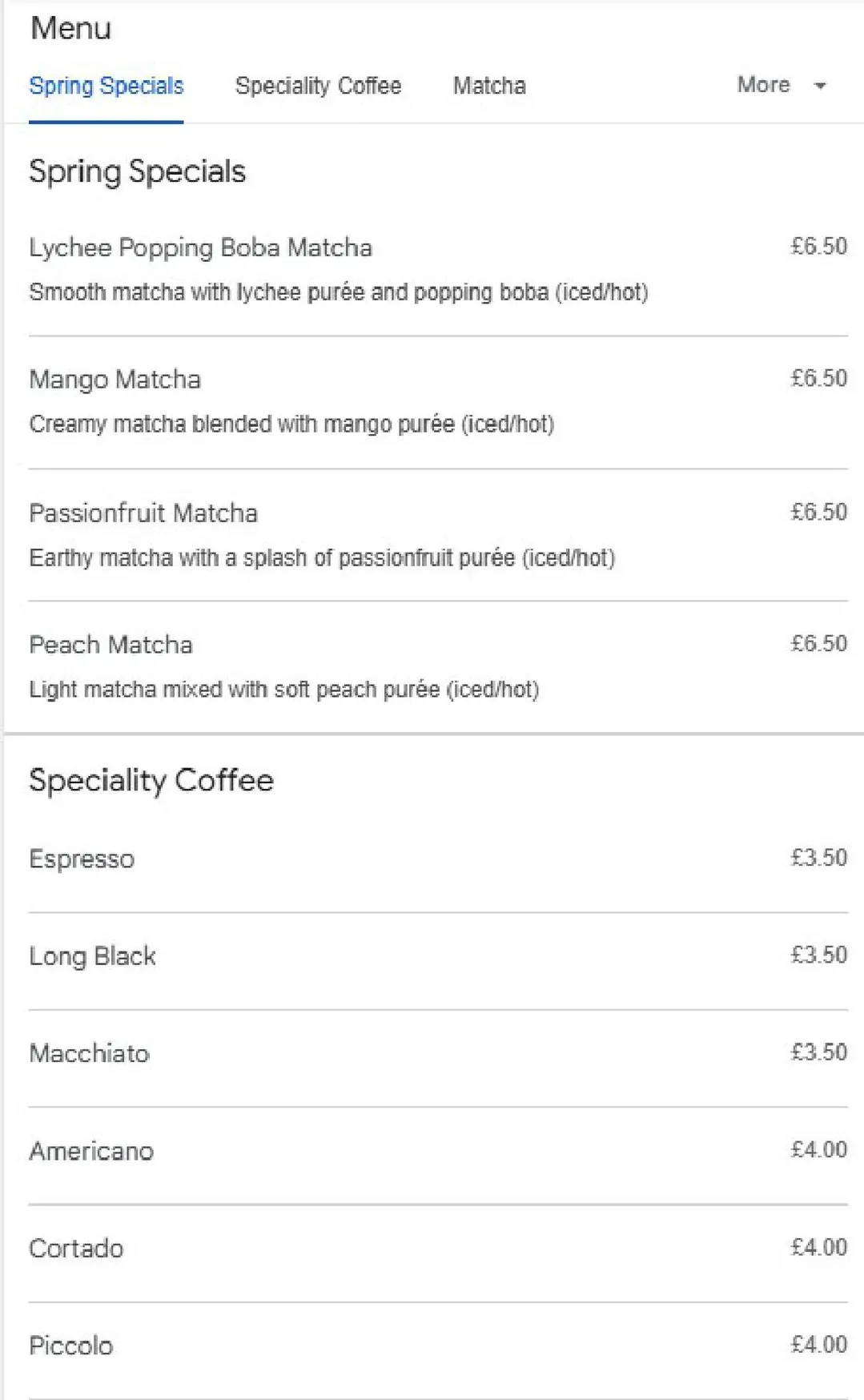 Kasa Café menu, page 1
