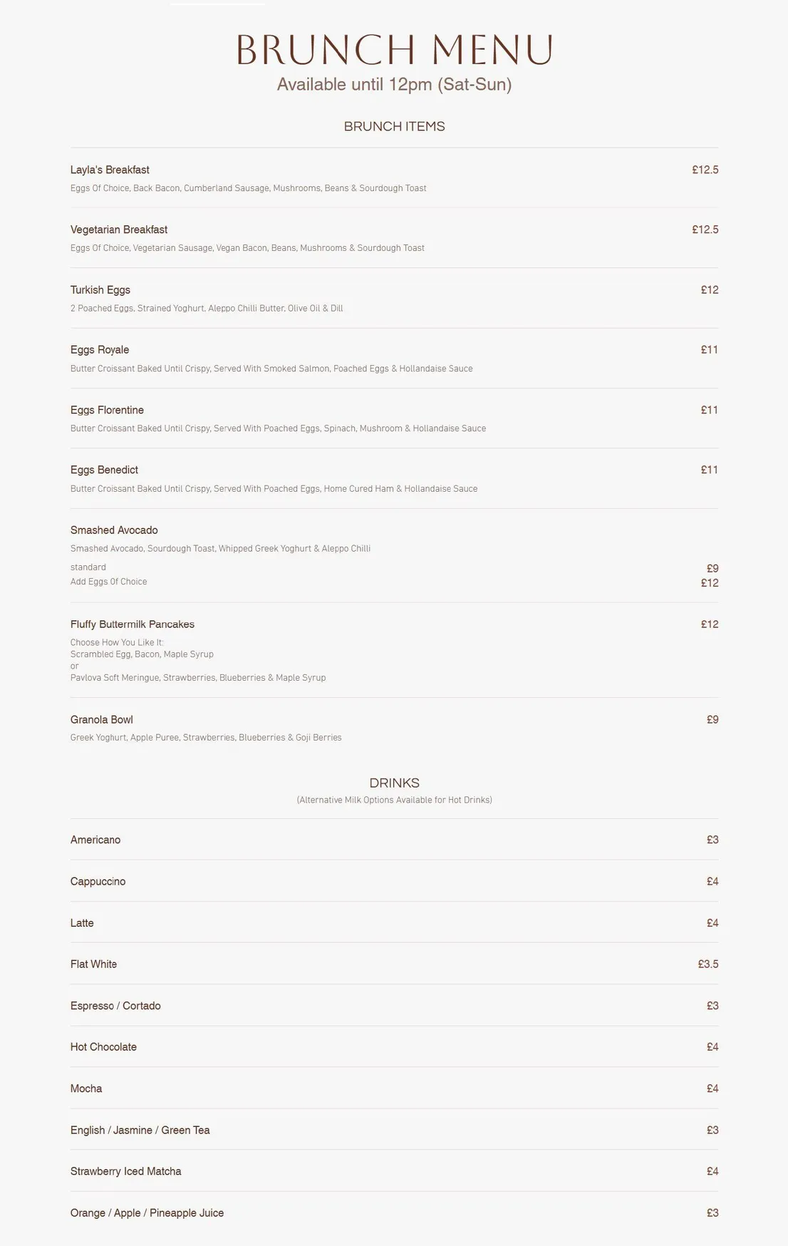 Layla's Bistro menu, page 1