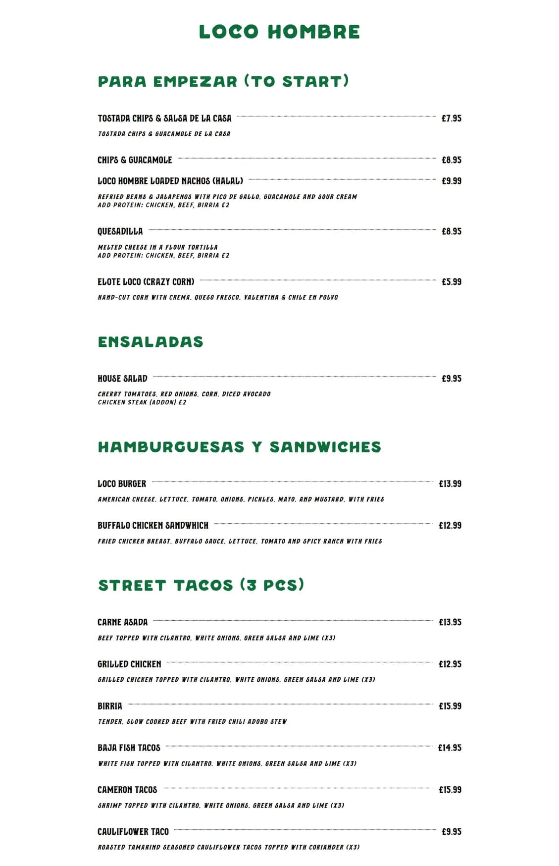 Loco Hombre Cantina menu, page 1