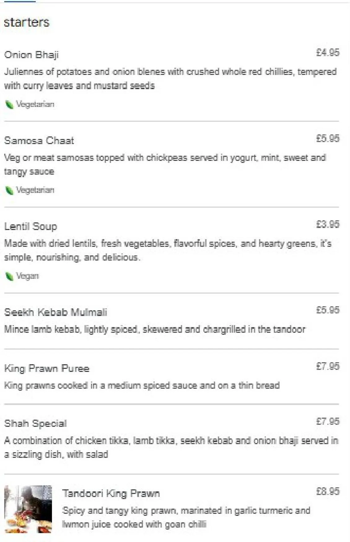 Shah Tandoori menu, page 1