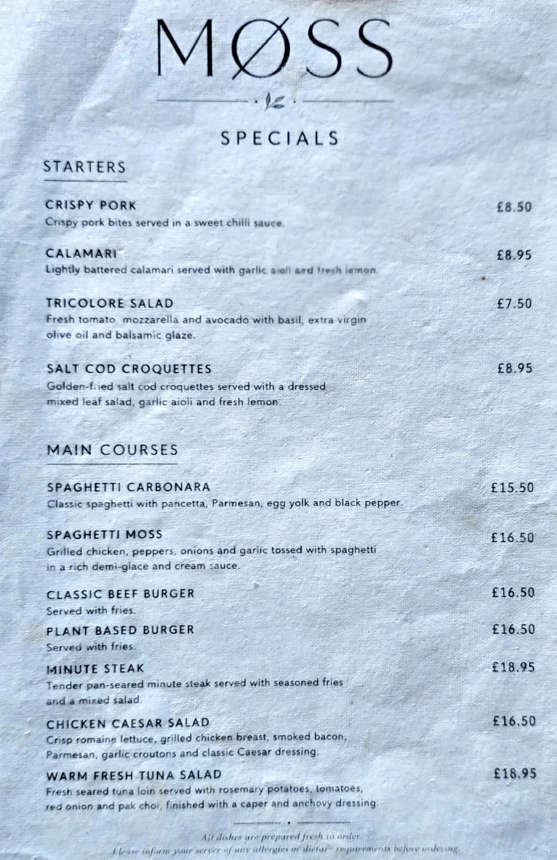 Moss Cafe & Restaurant menu, page 1