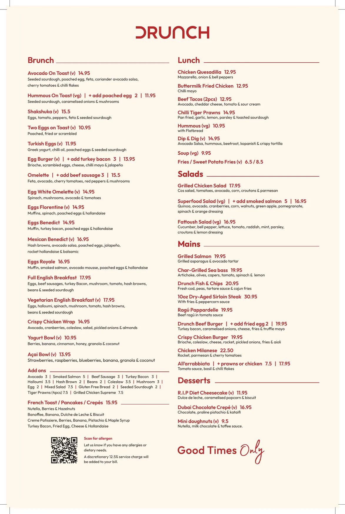 Drunch Notting Hill menu, page 1
