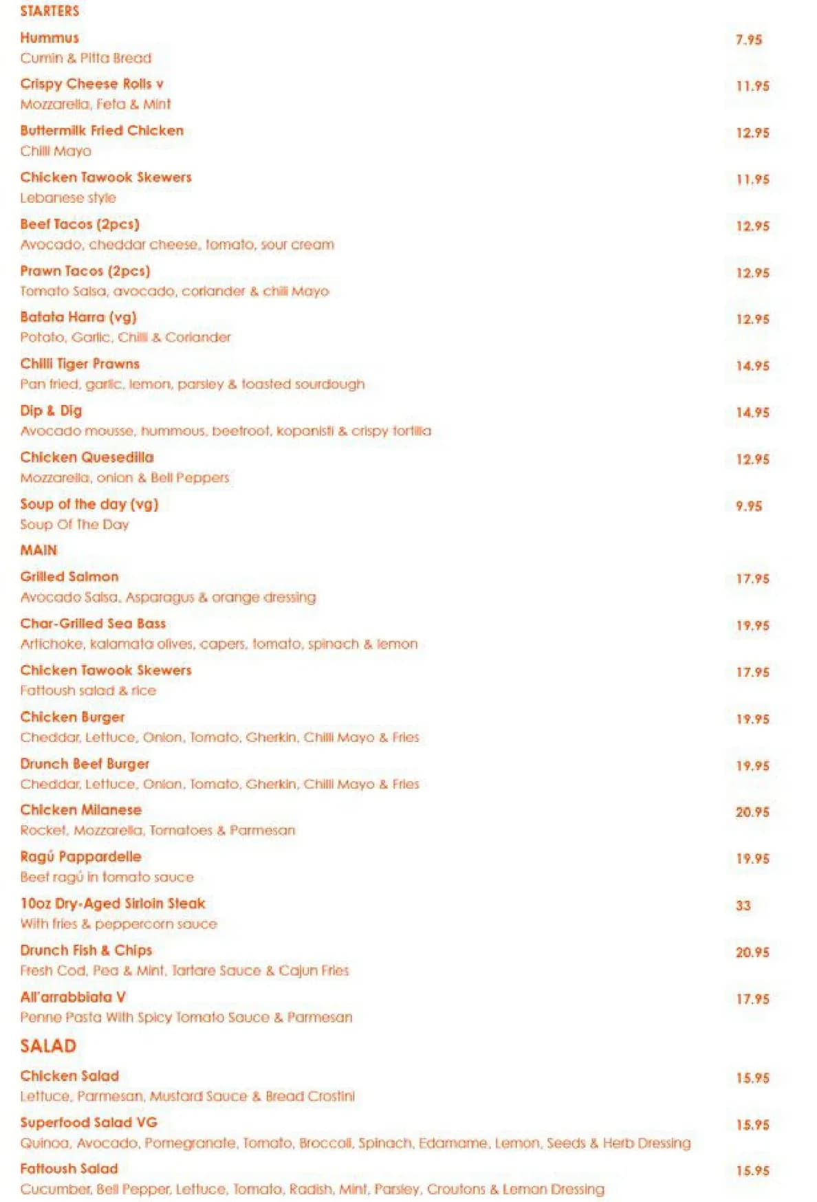 Drunch Regent's Park menu, page 1