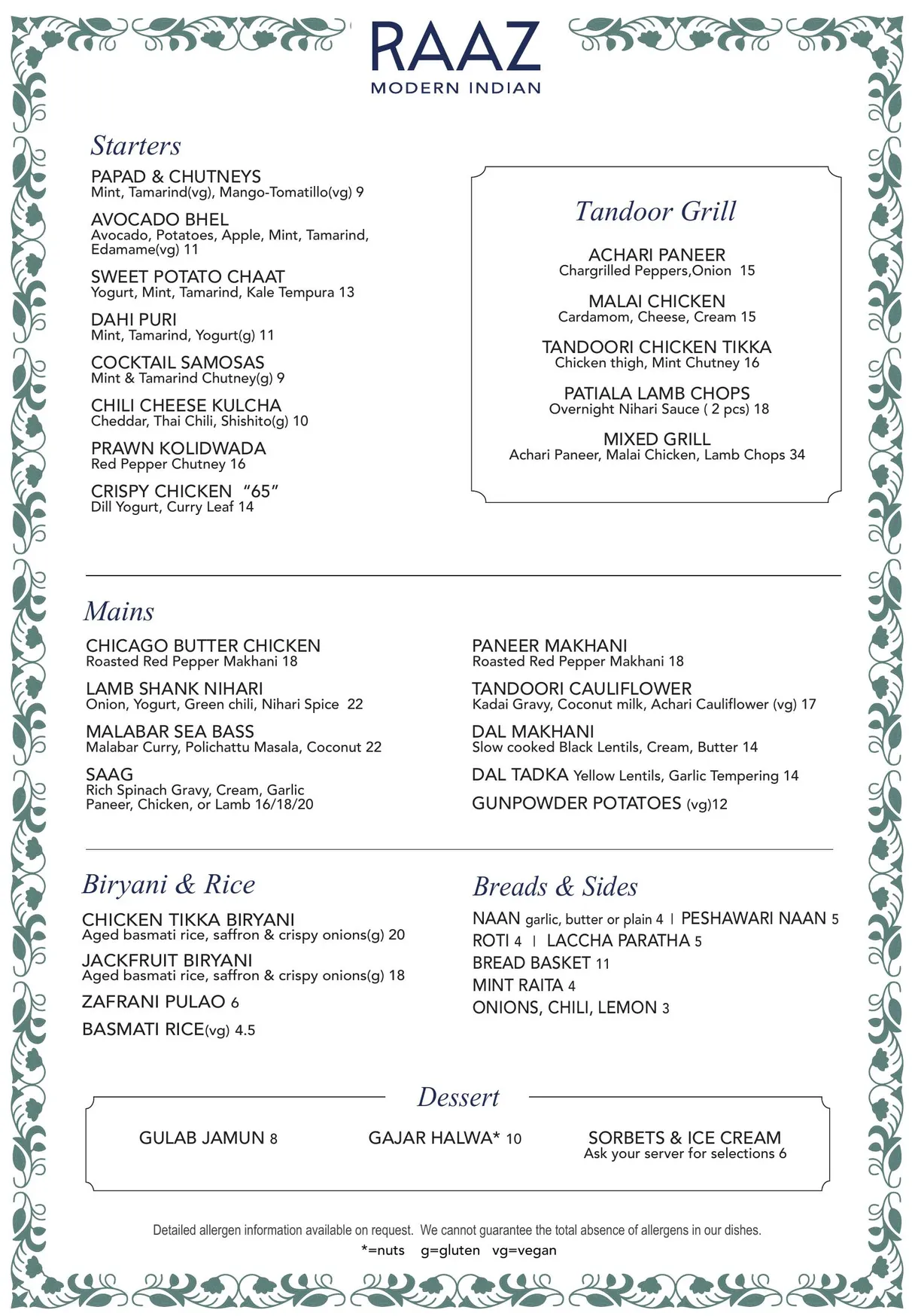 RAAZ Modern Indian menu, page 1