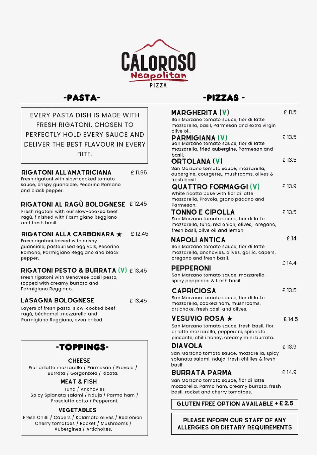 Caloroso Neapolitan menu, page 2