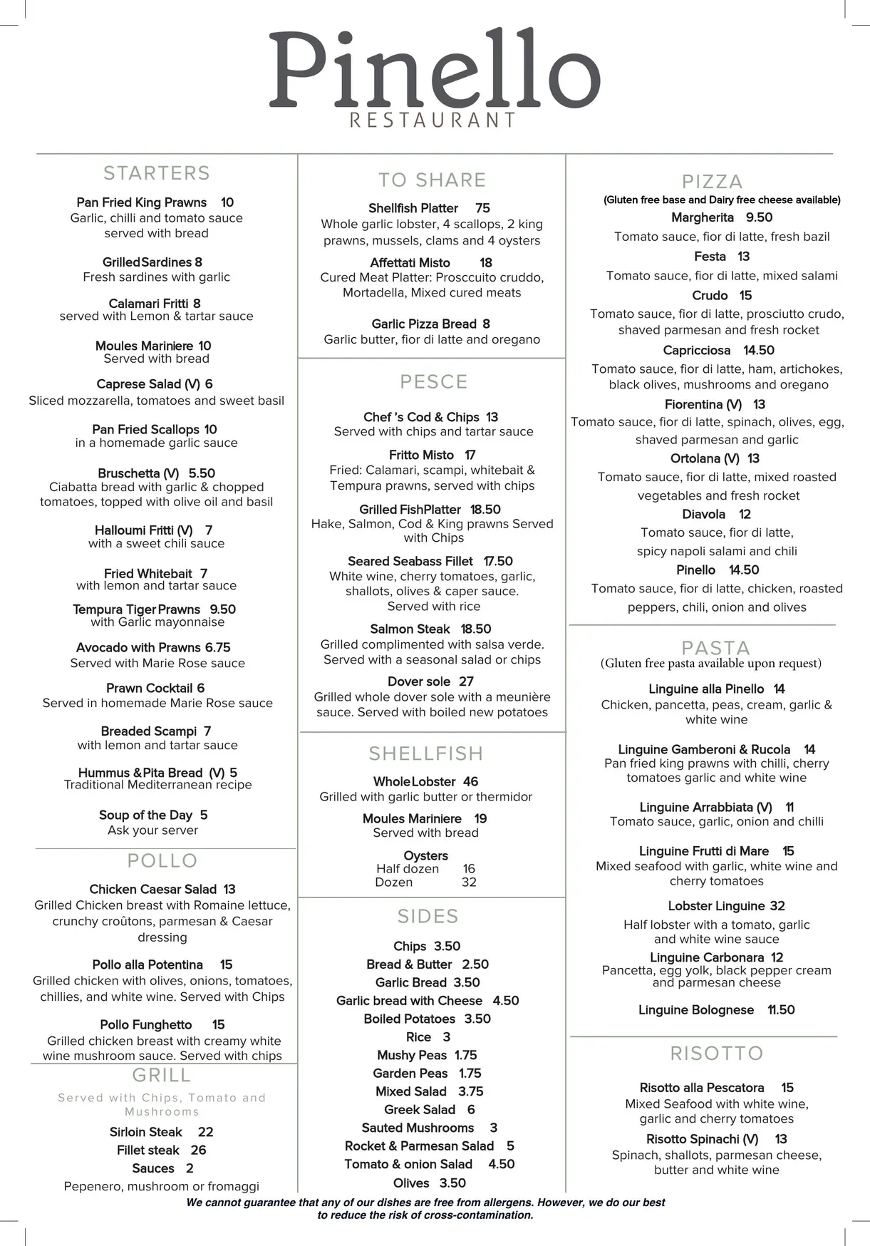 Pinello menu, page 1
