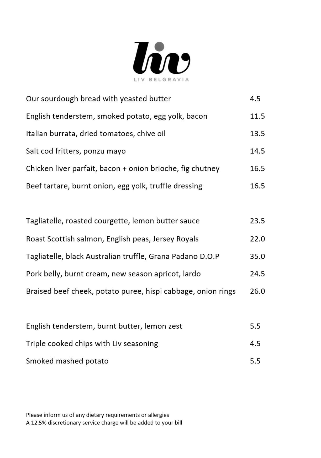 LIV Restaurant menu, page 1