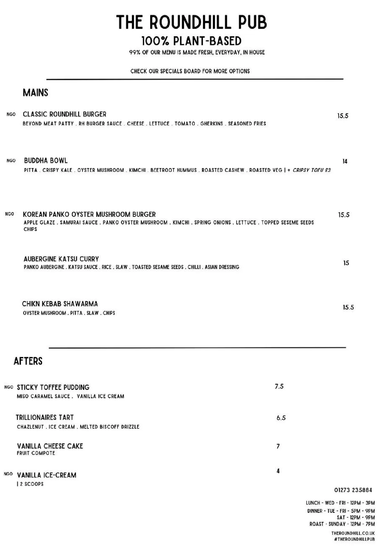 The Roundhill menu, page 2