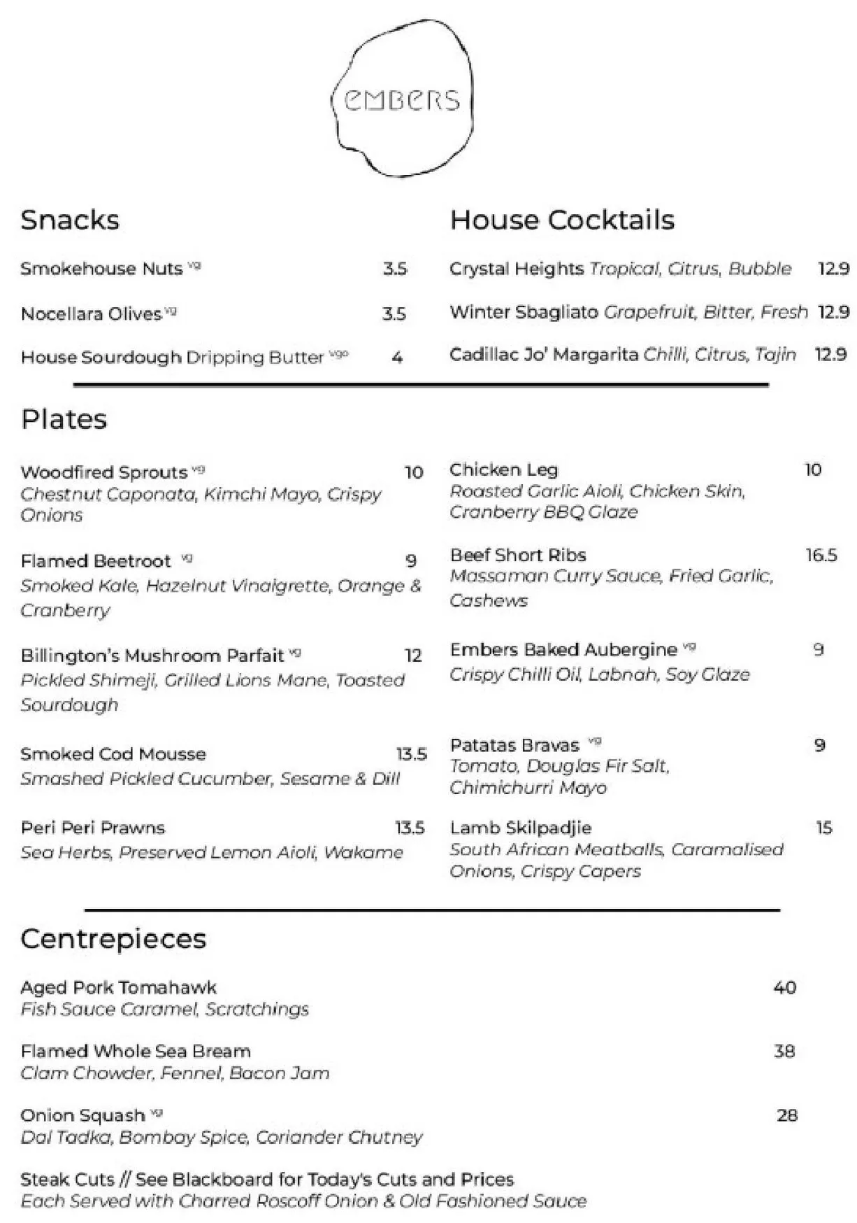 Embers menu, page 1
