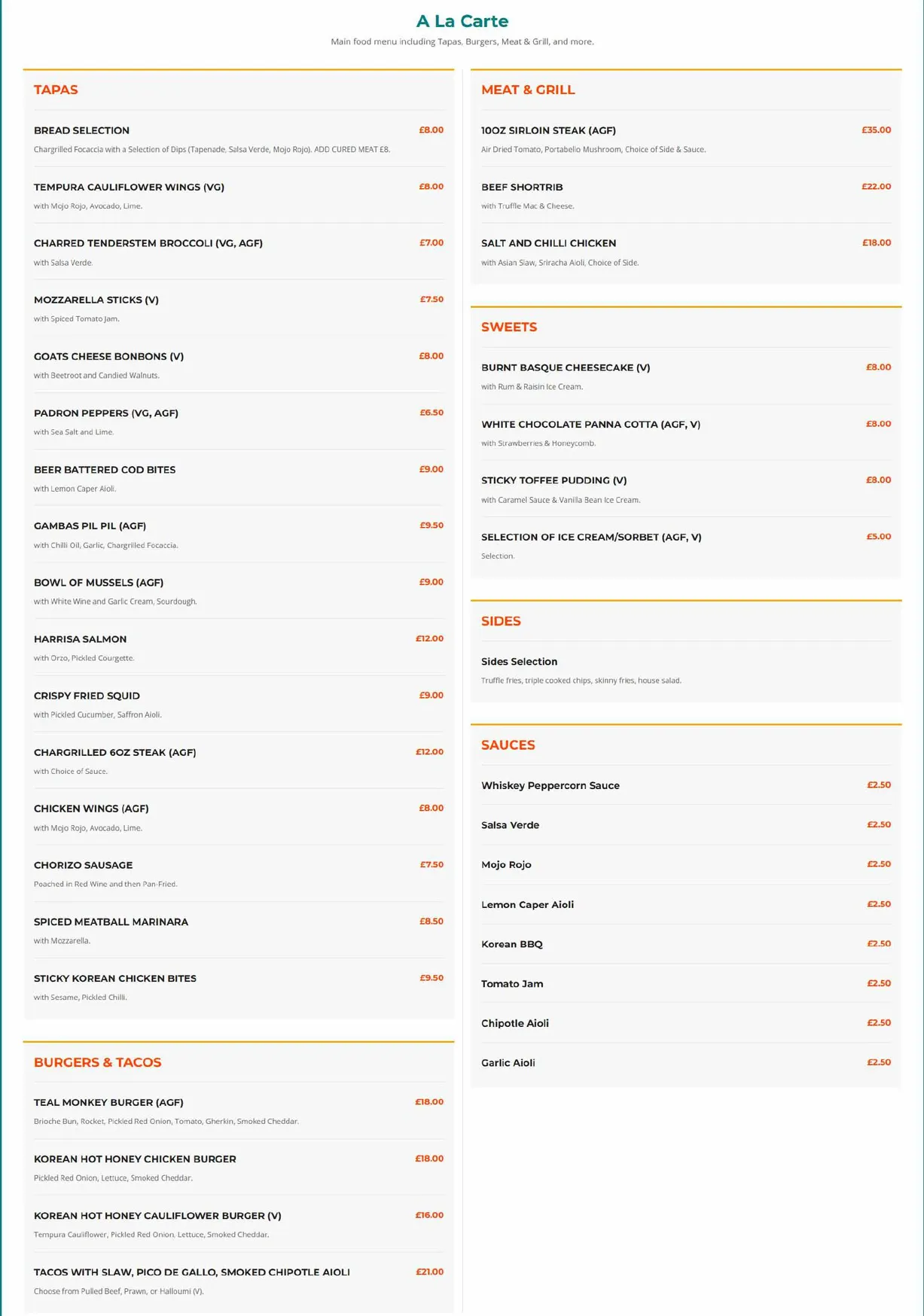Teal Monkey menu, page 1