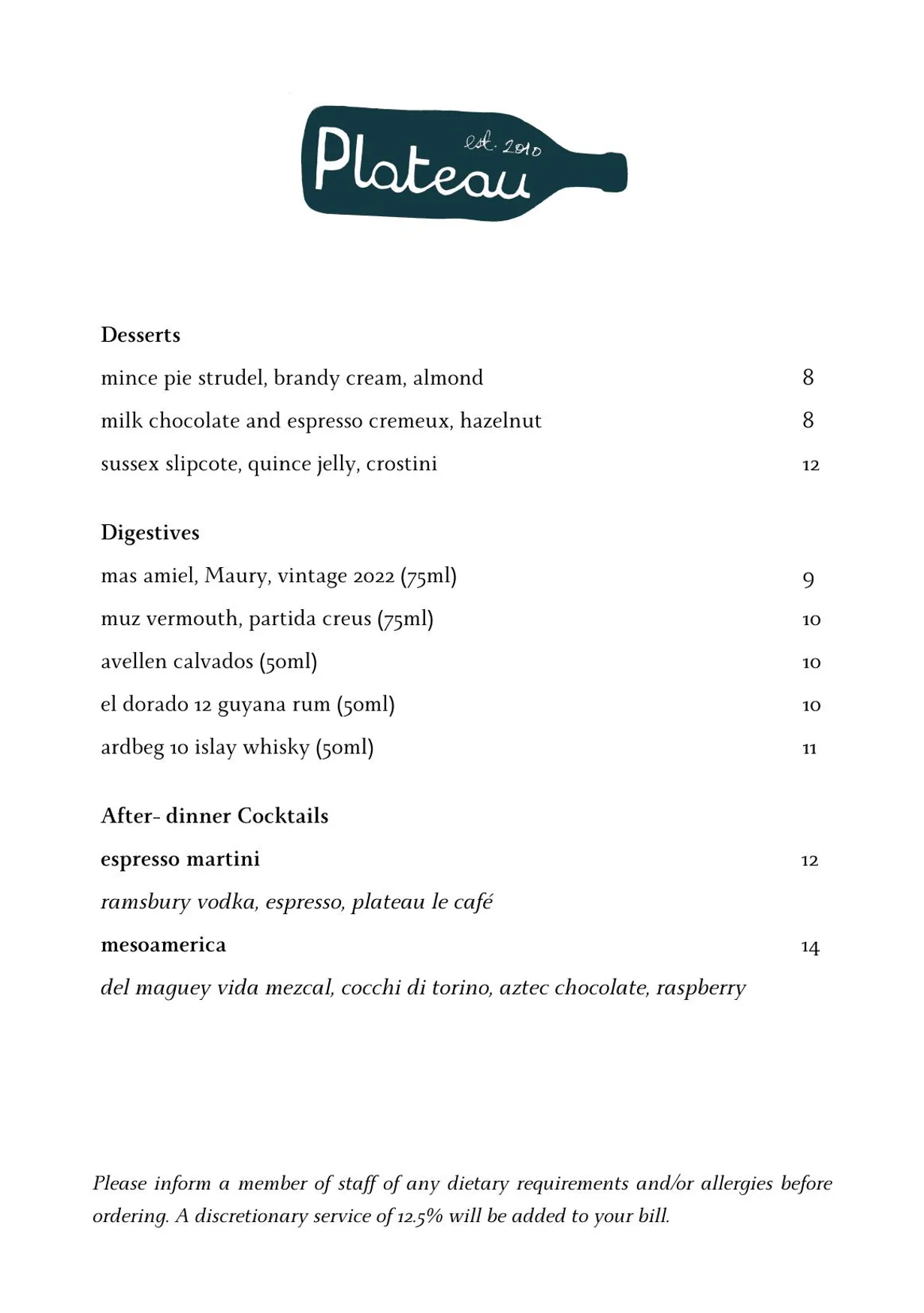Plateau menu, page 2