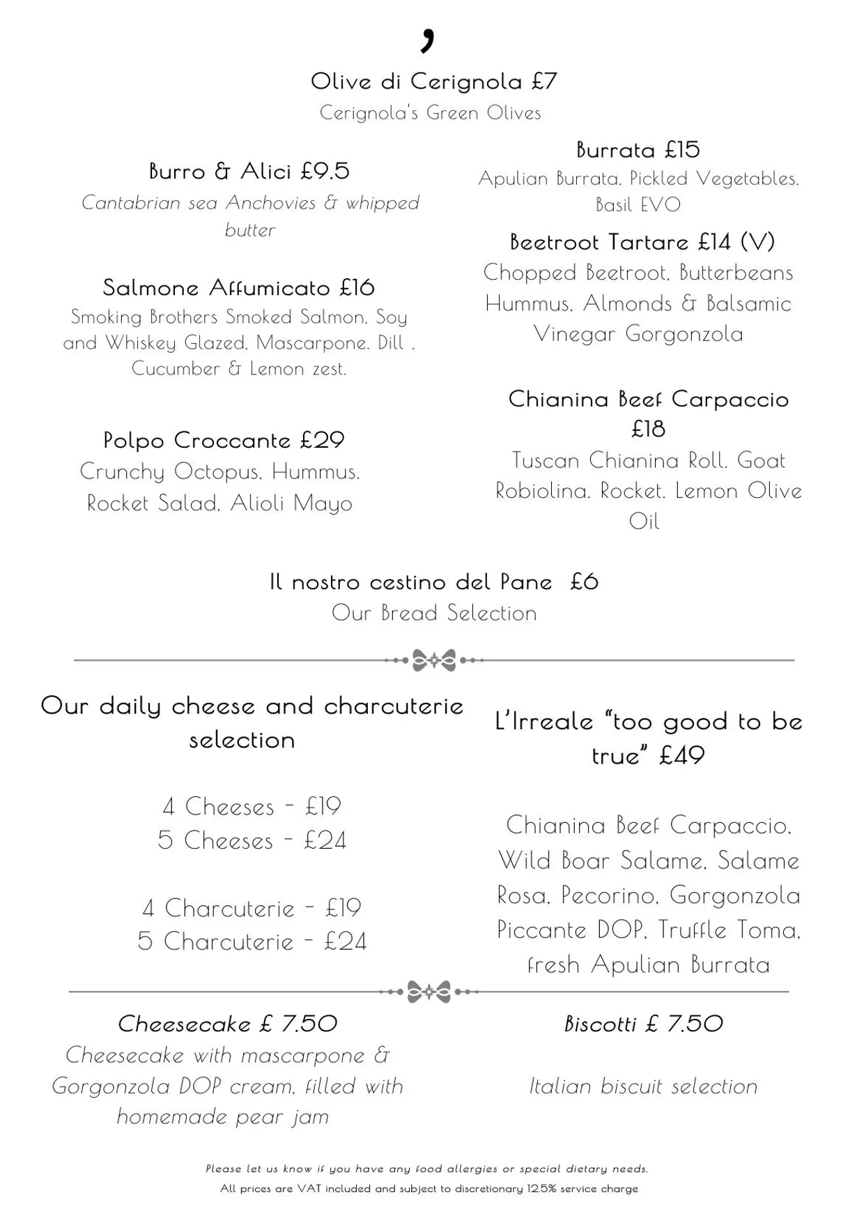 Tosi Gorgonzola menu, page 1