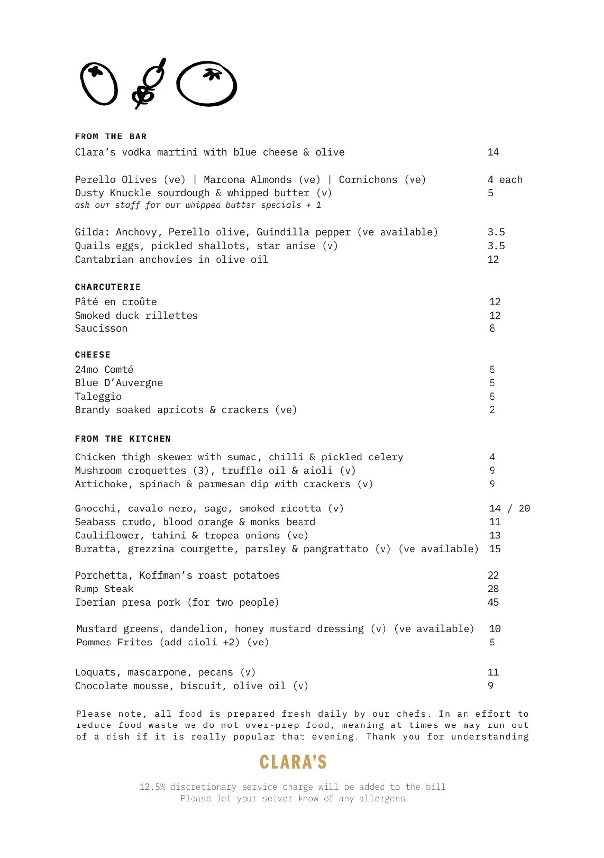 Clara's Wine & Bistro menu, page 1