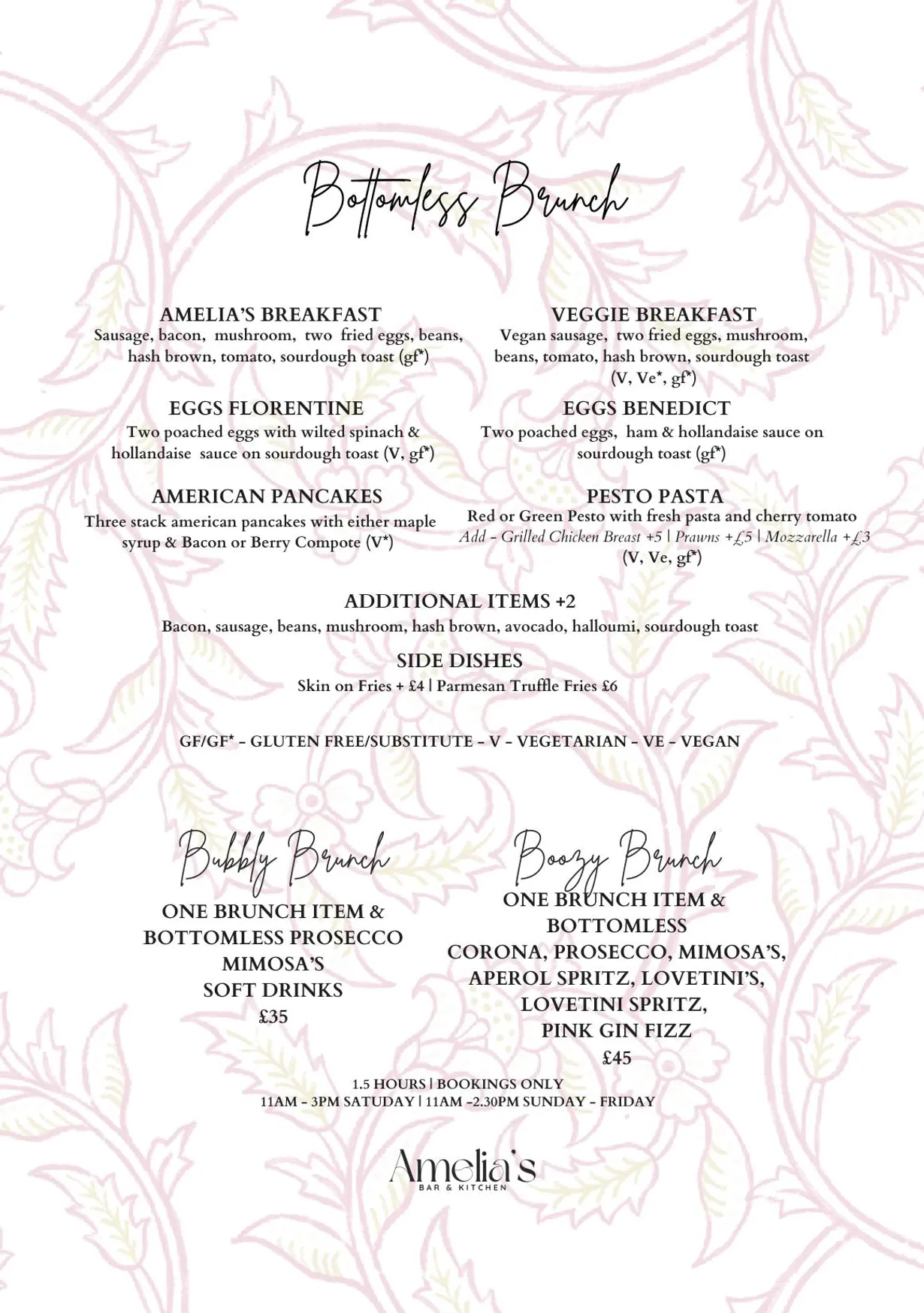 Amelia's Bar & Kitchen menu, page 1