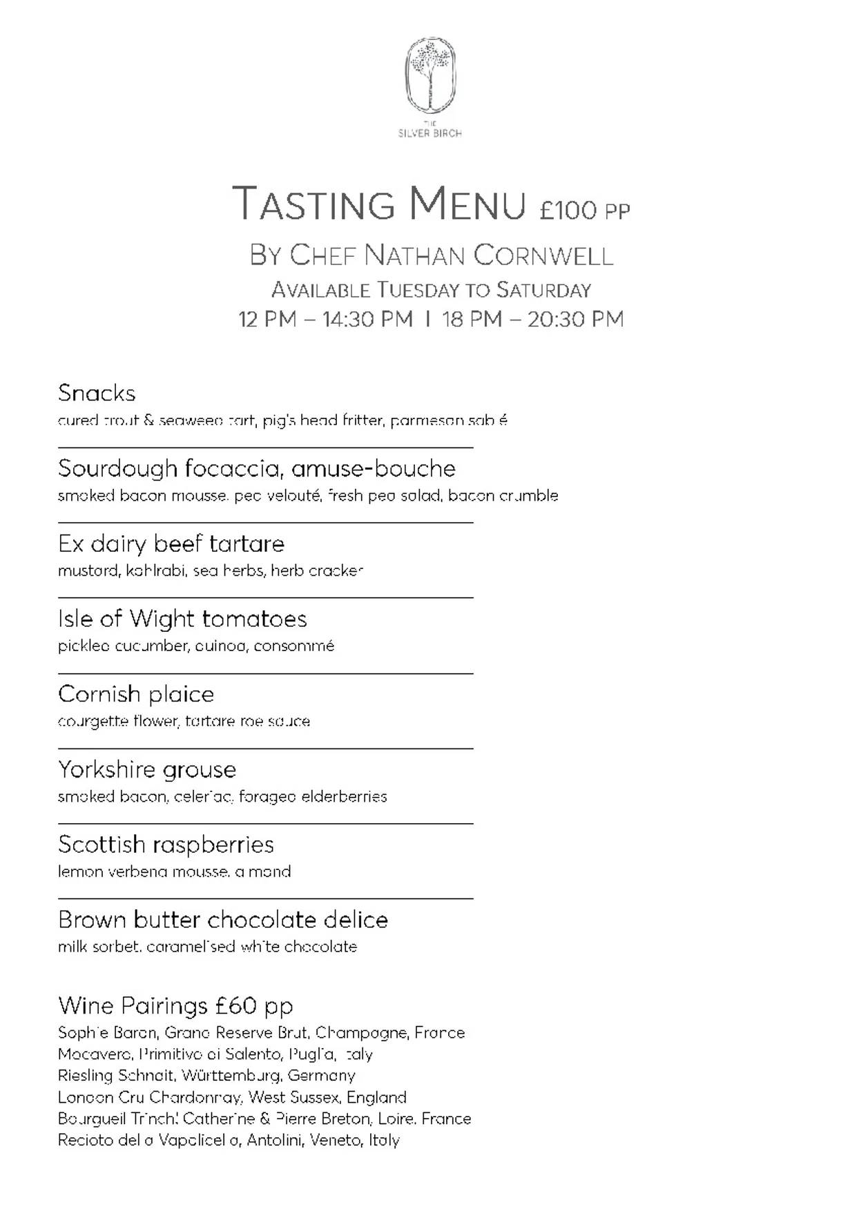 The Silver Birch menu, page 1