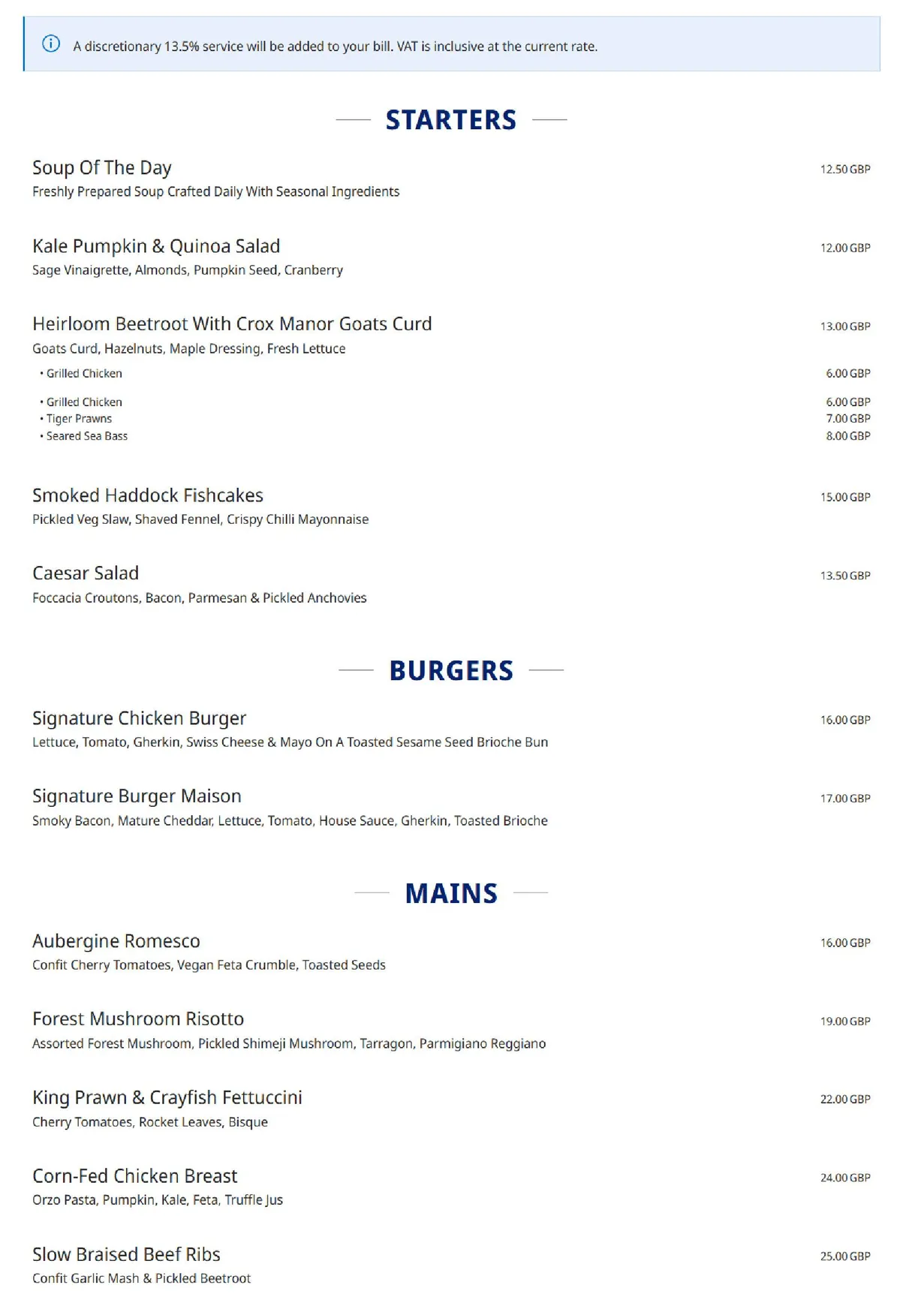 Eastway Brasserie menu, page 1