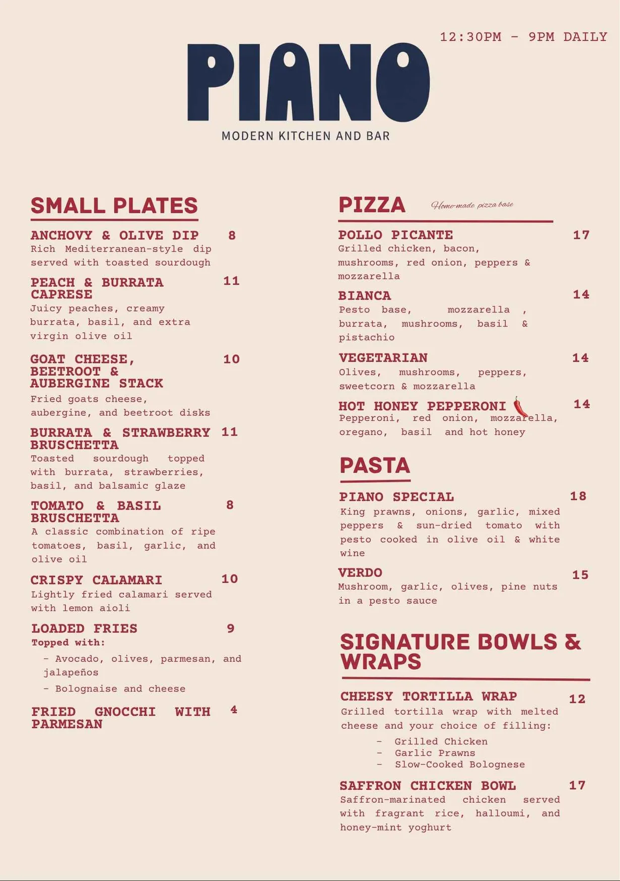 The Cafe Piano menu, page 1