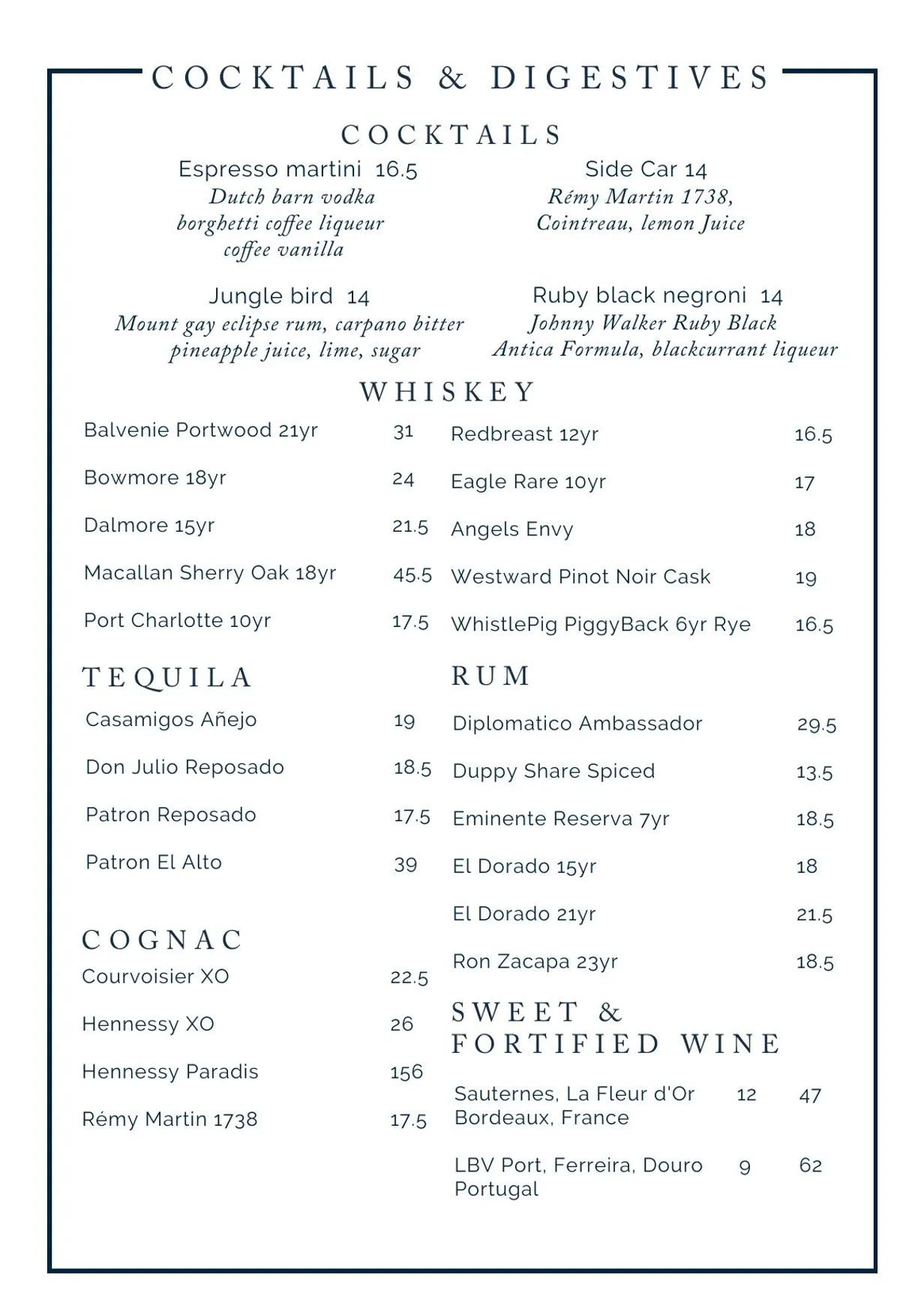 Aviary menu, page 6