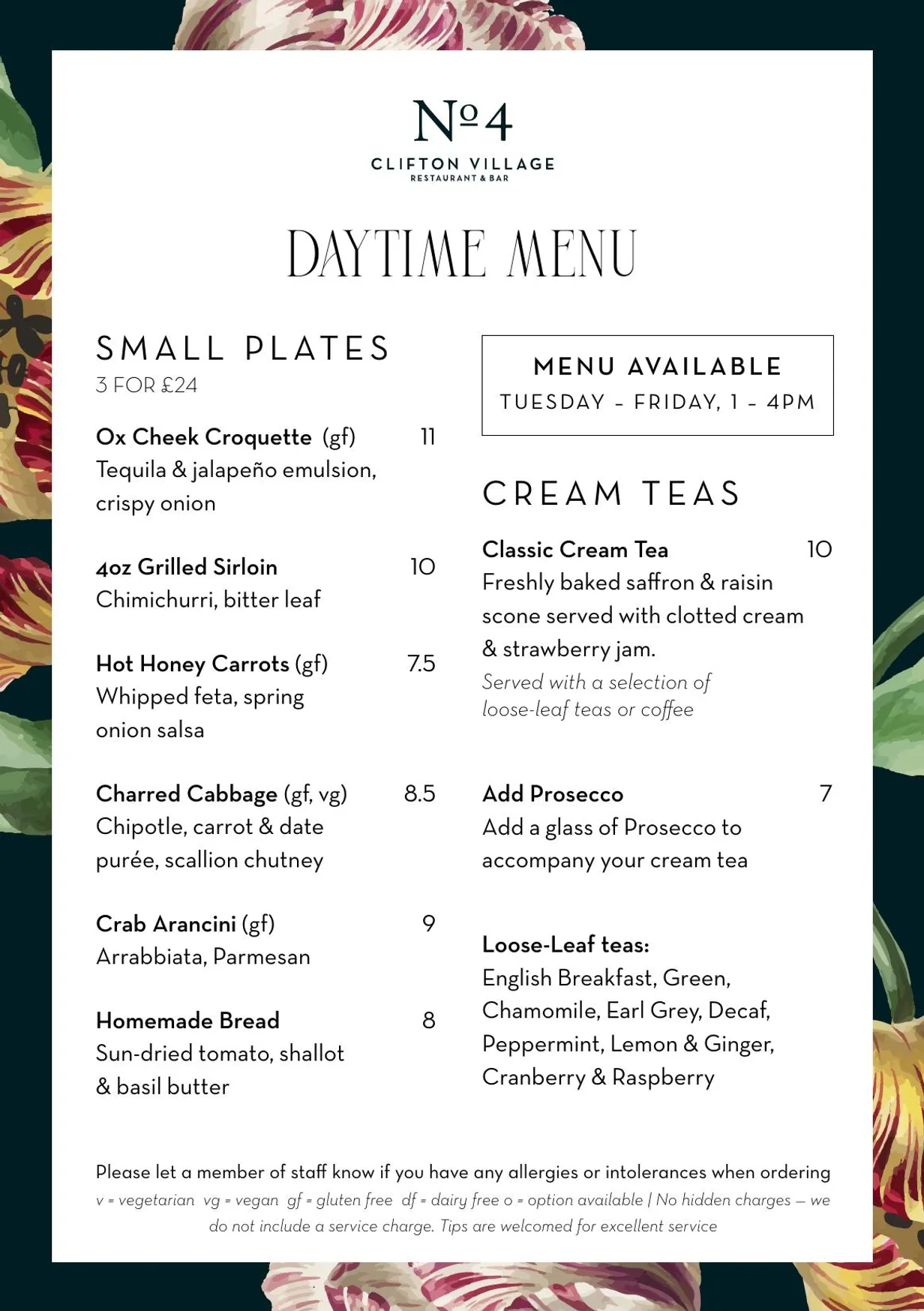 No.4 Clifton Village menu, page 1