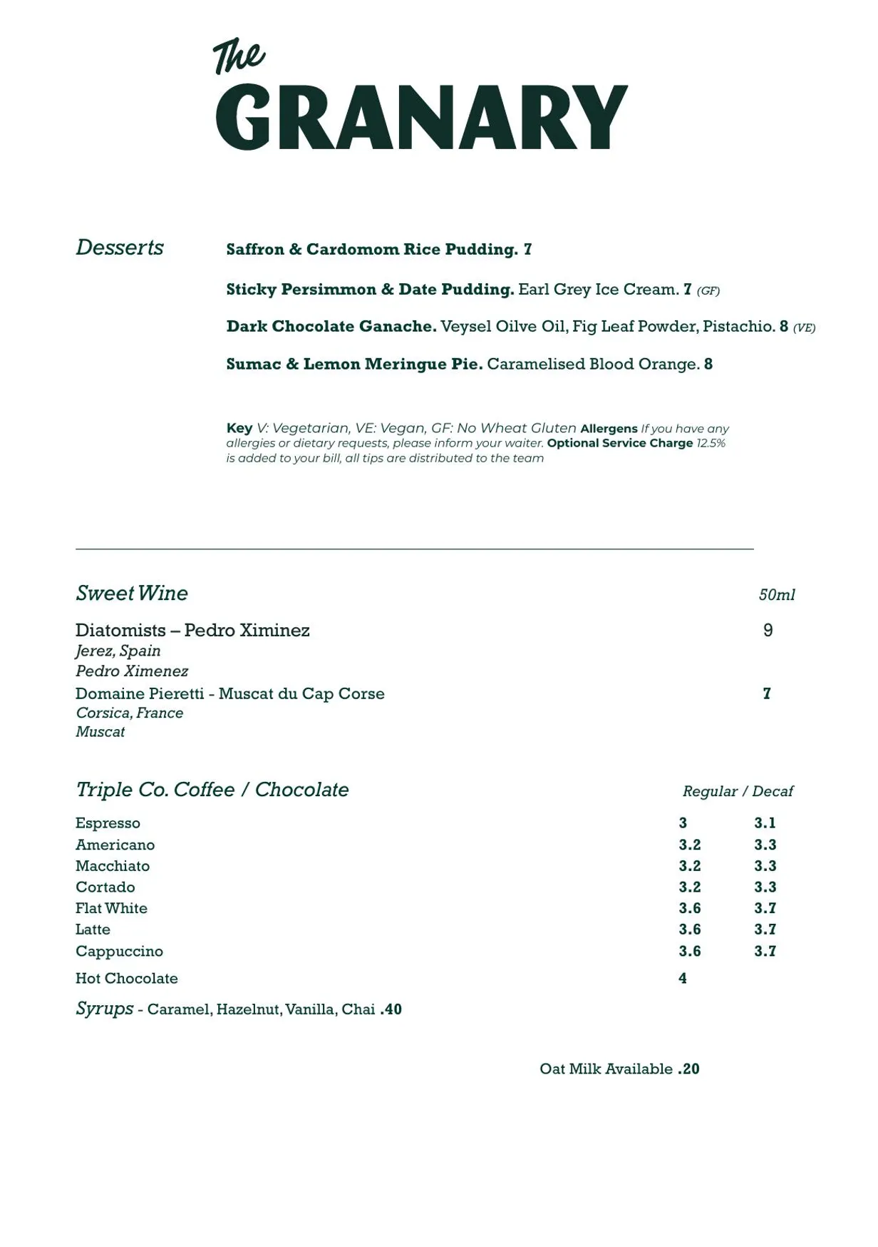 The Granary menu, page 2