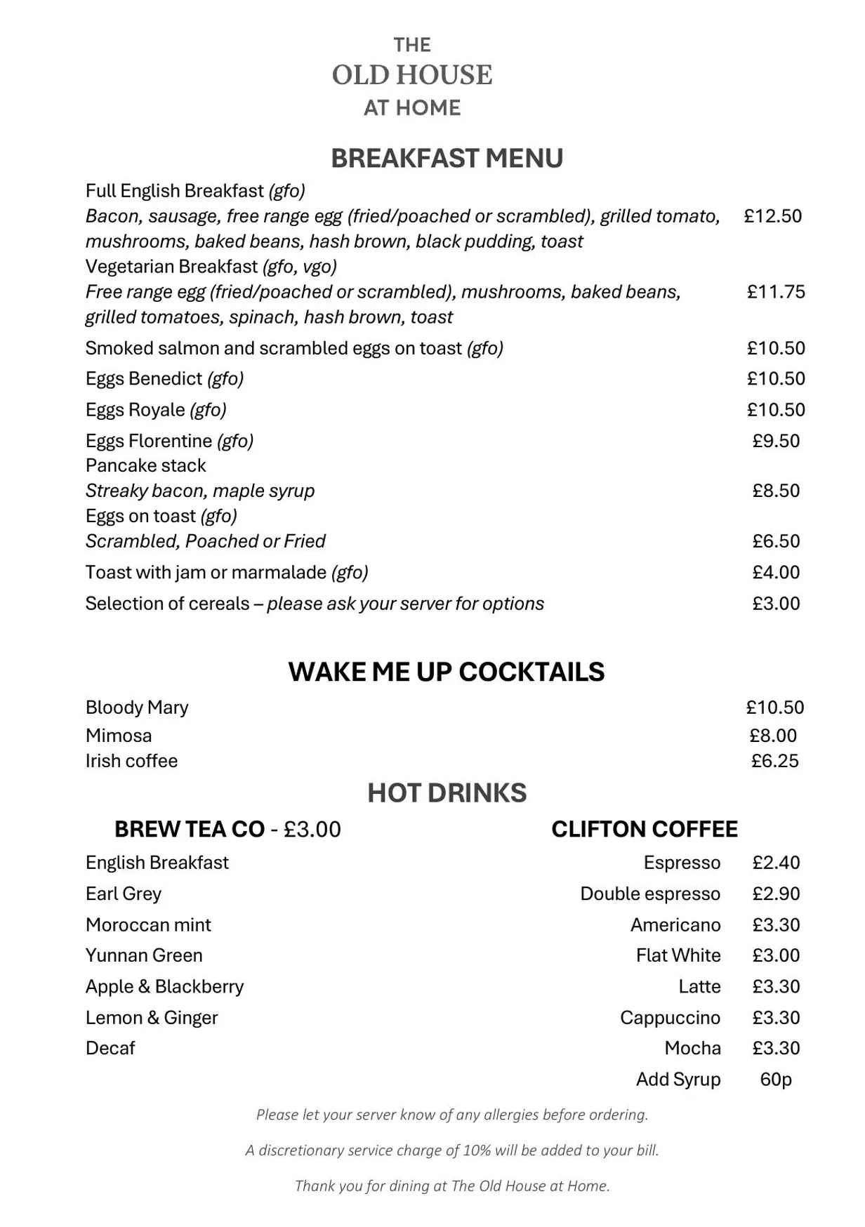 The Old House at Home menu, page 1
