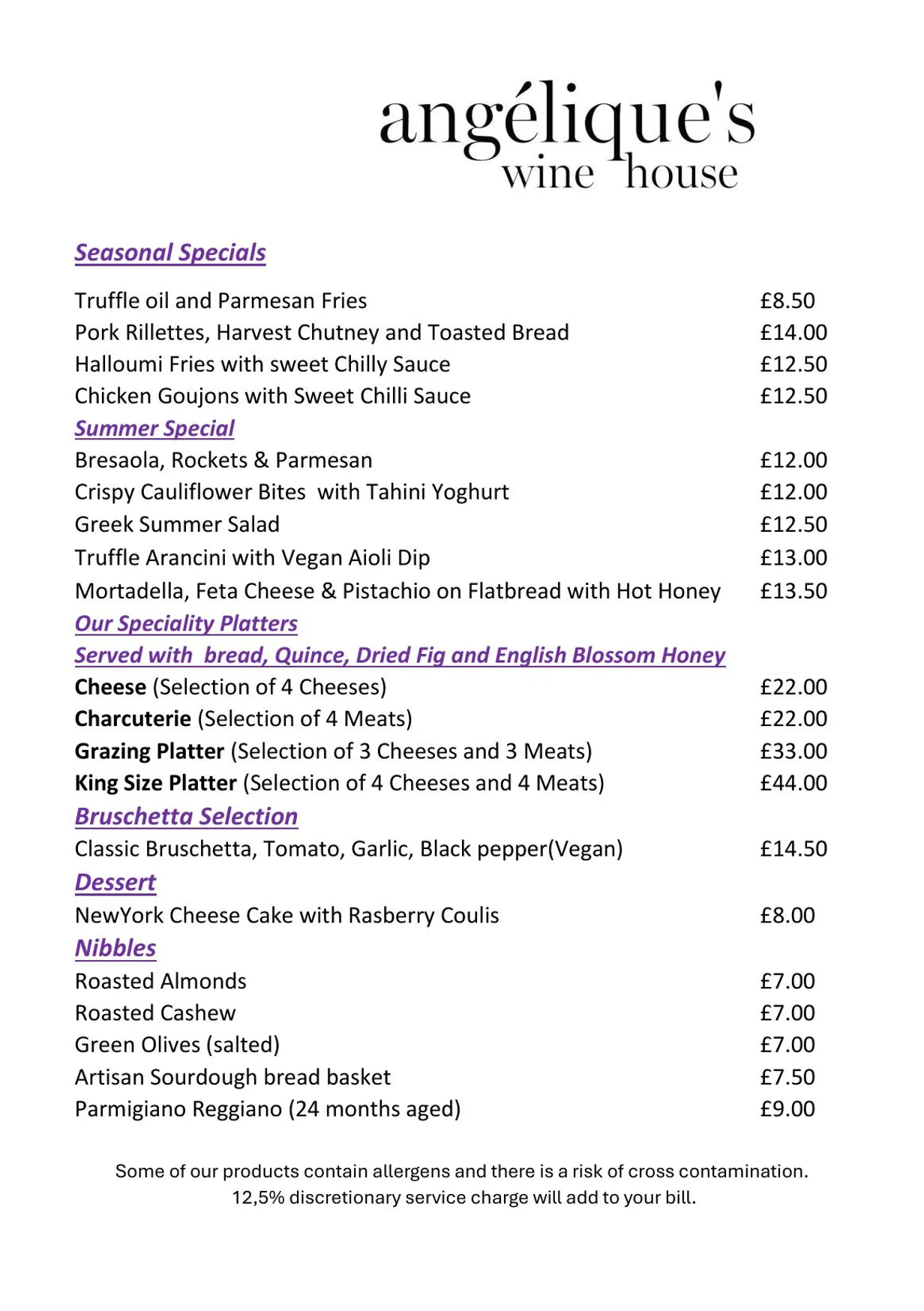 Angelique's Wine House menu, page 1