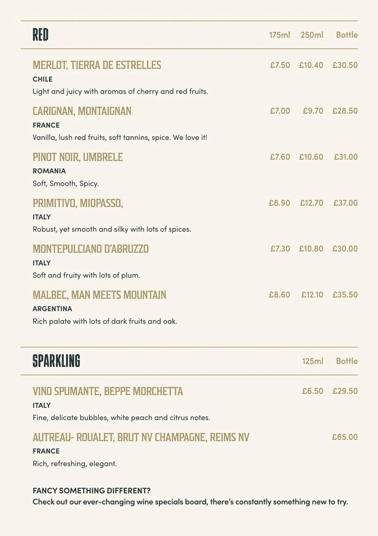 The Walpole Arms menu, page 8