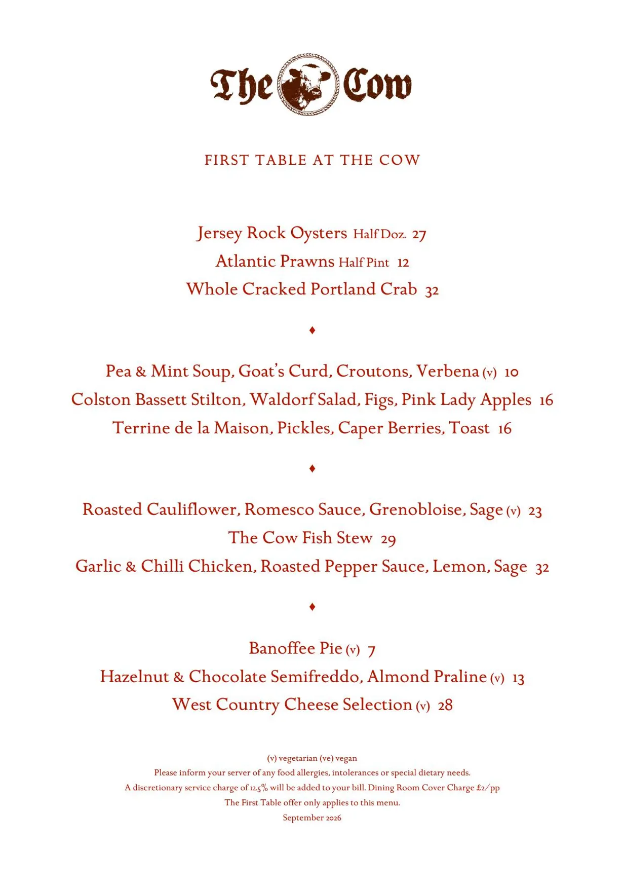 The Cow menu, page 1