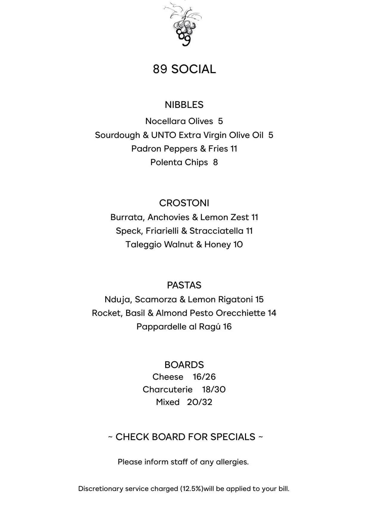 89 Social London menu, page 1