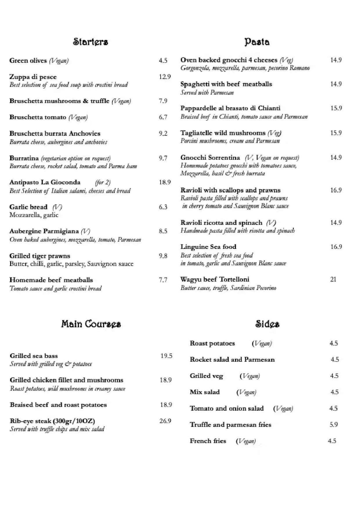 La Gioconda menu, page 1