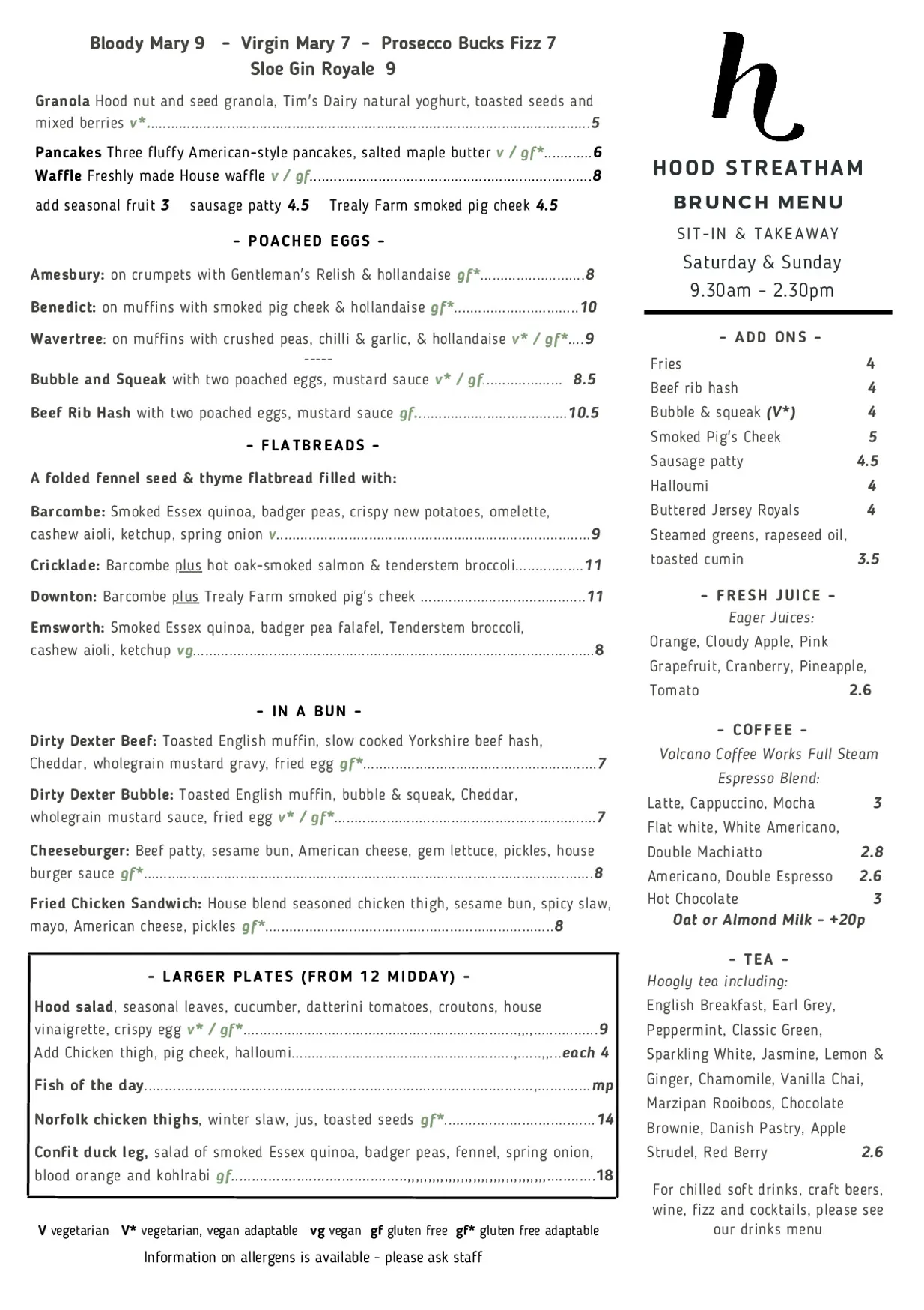 Hood Streatham menu, page 3