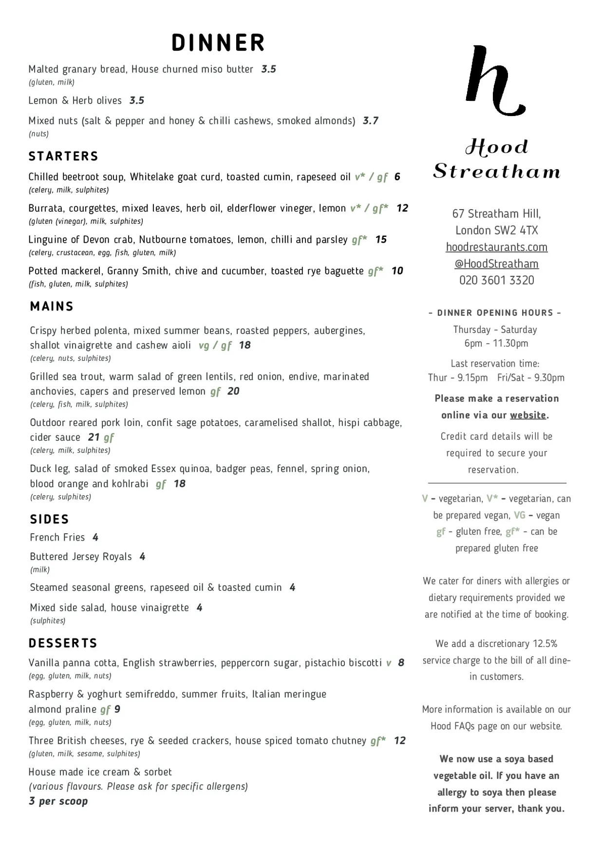 Hood Streatham menu, page 1