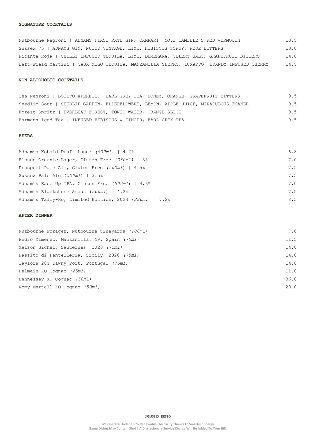 Sussex menu, page 2