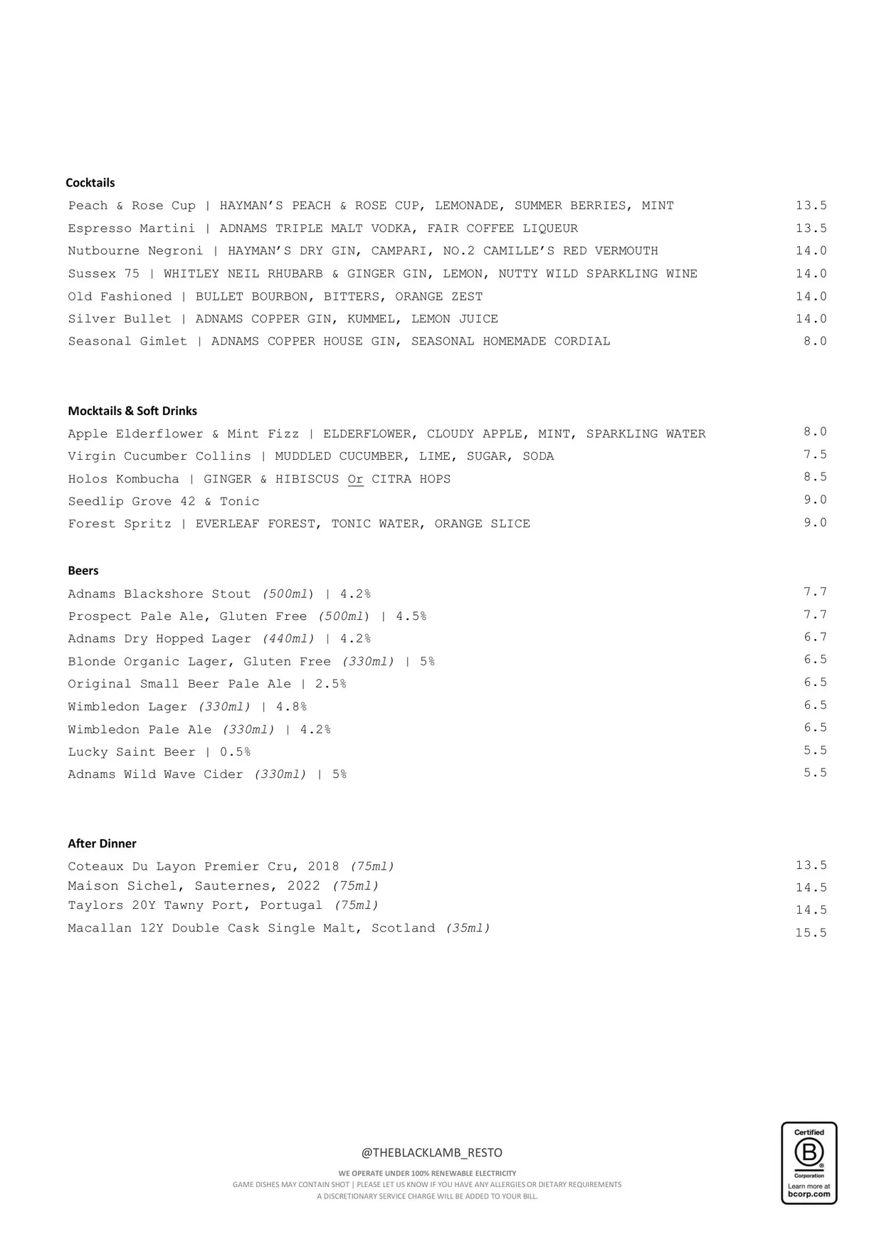 The Black Lamb menu, page 2