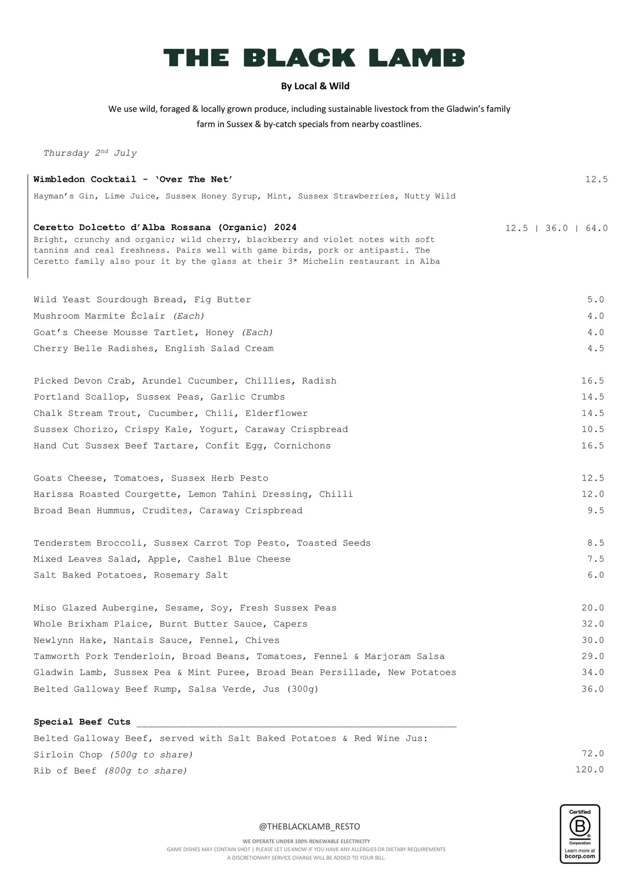The Black Lamb menu, page 1
