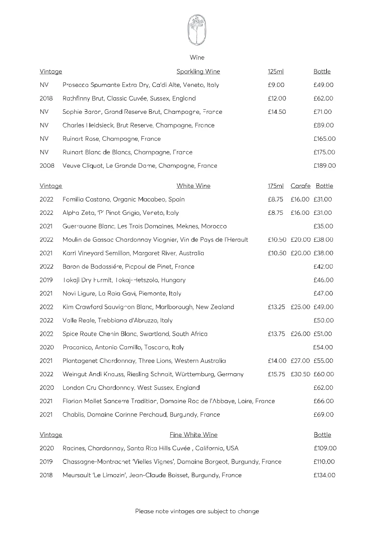 The Silver Birch menu, page 2