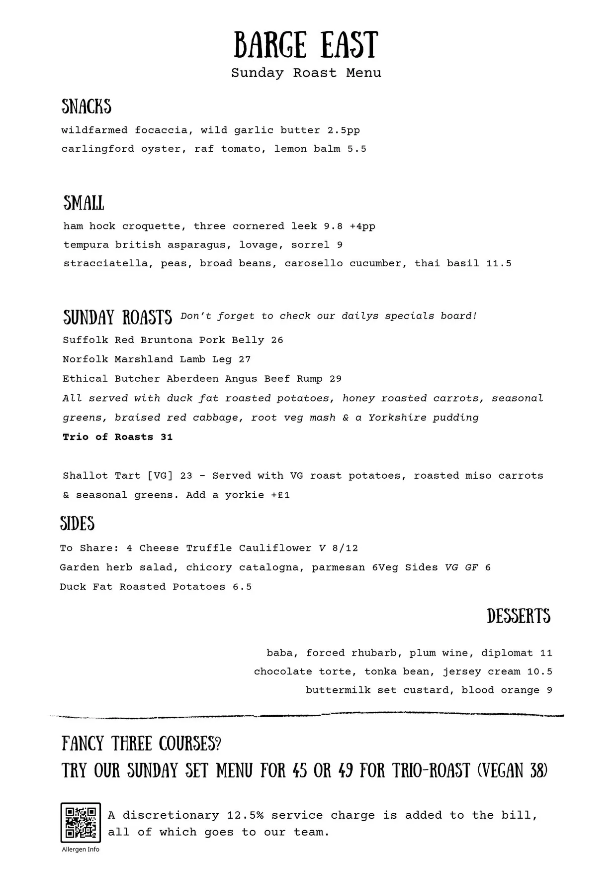 Barge East menu, page 1