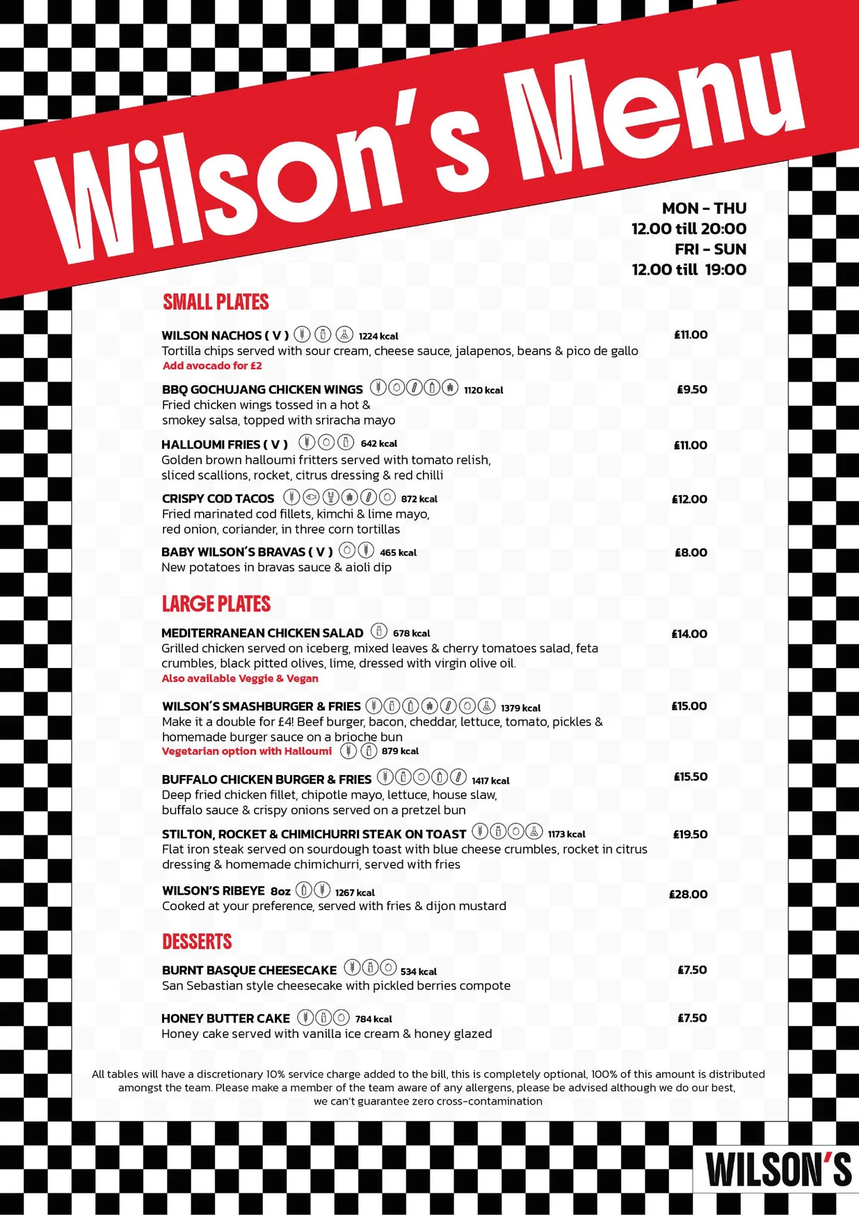 Wilson's menu, page 1