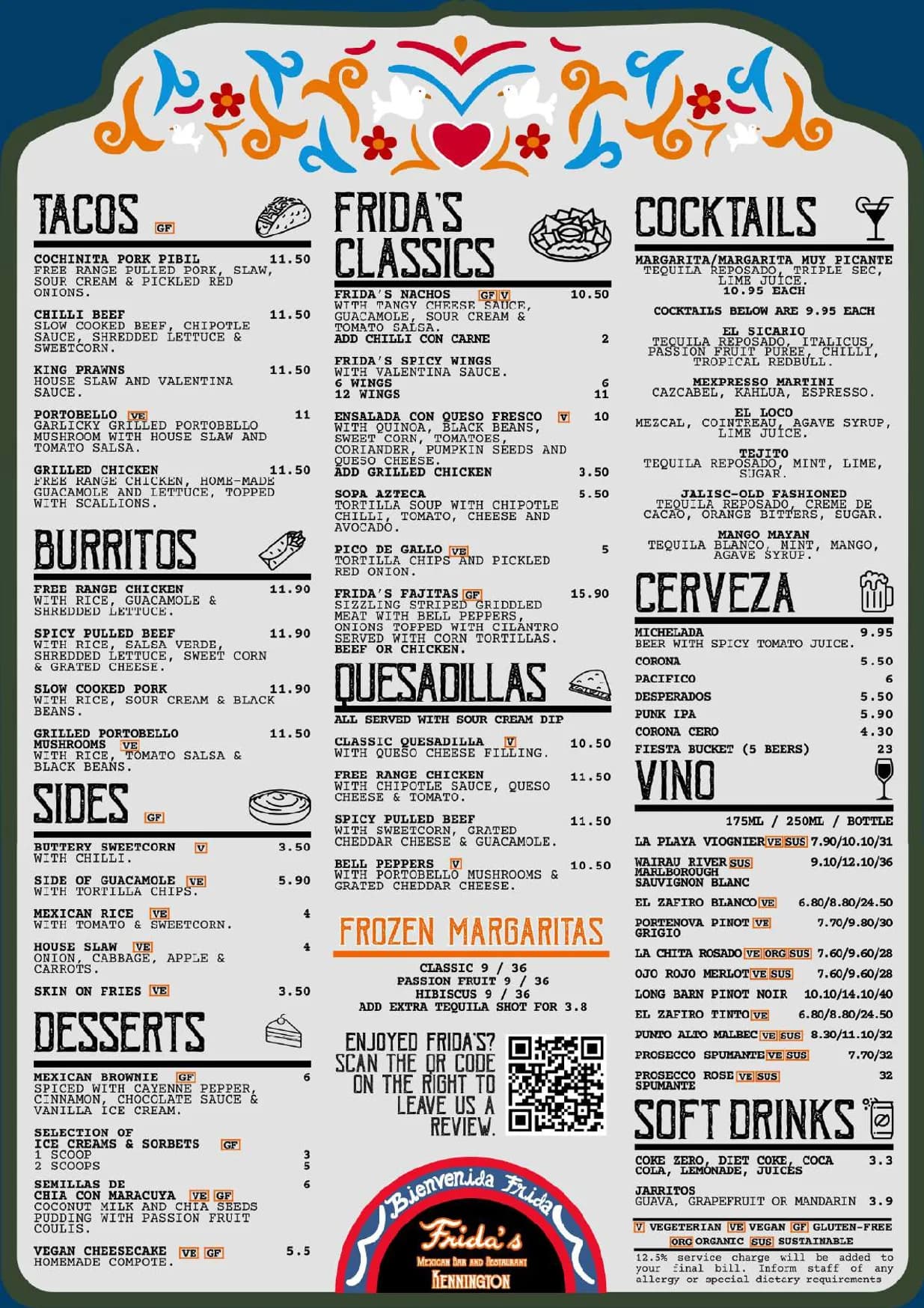 Frida's Kennington menu, page 1