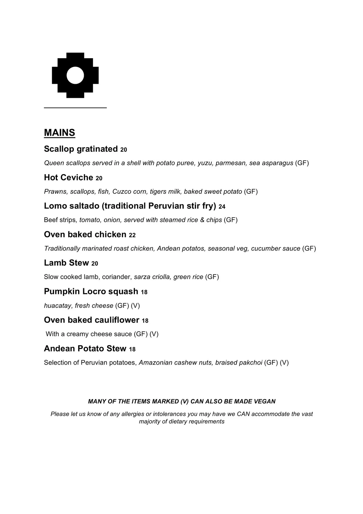Chakana London menu, page 2