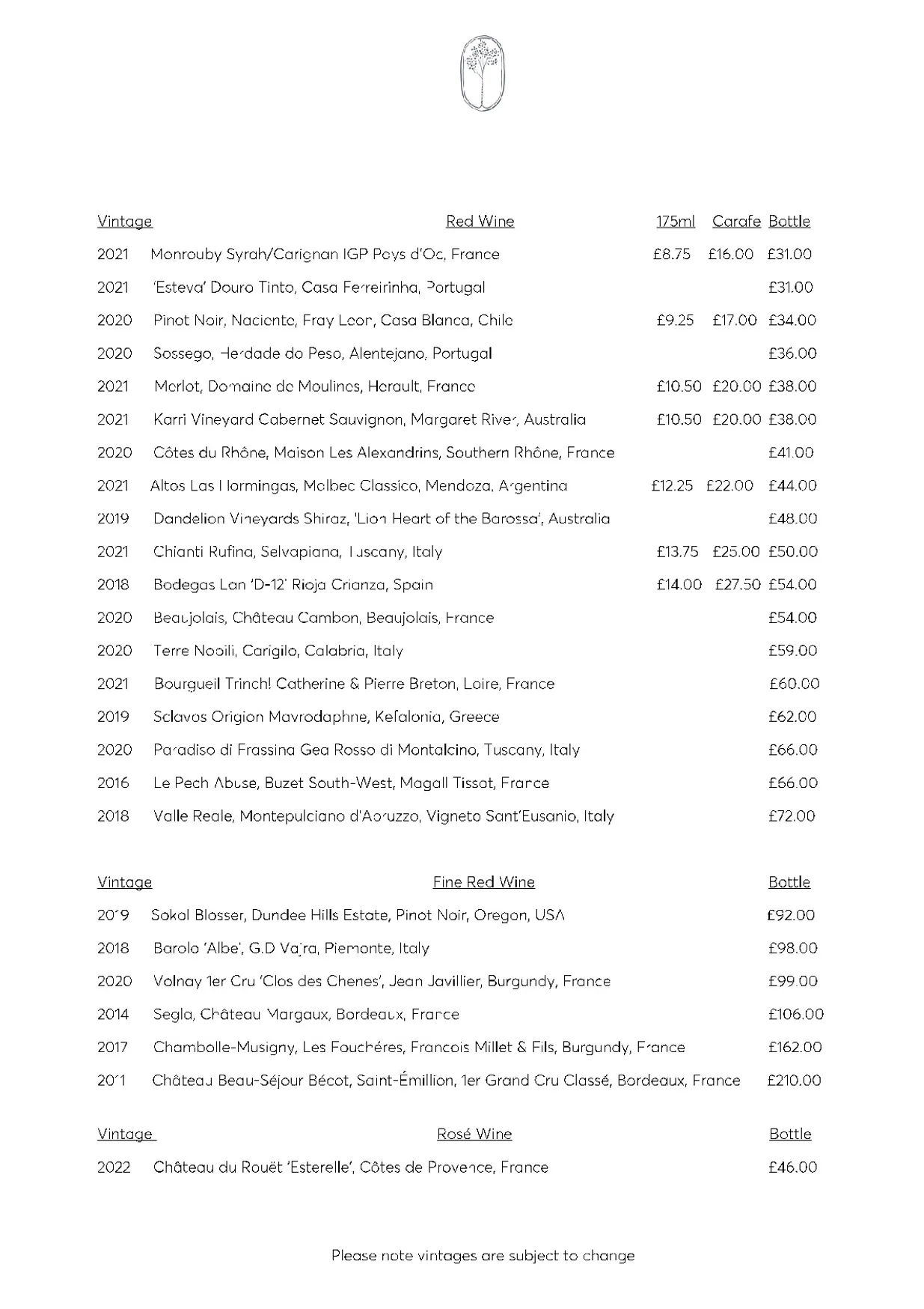 The Silver Birch menu, page 3