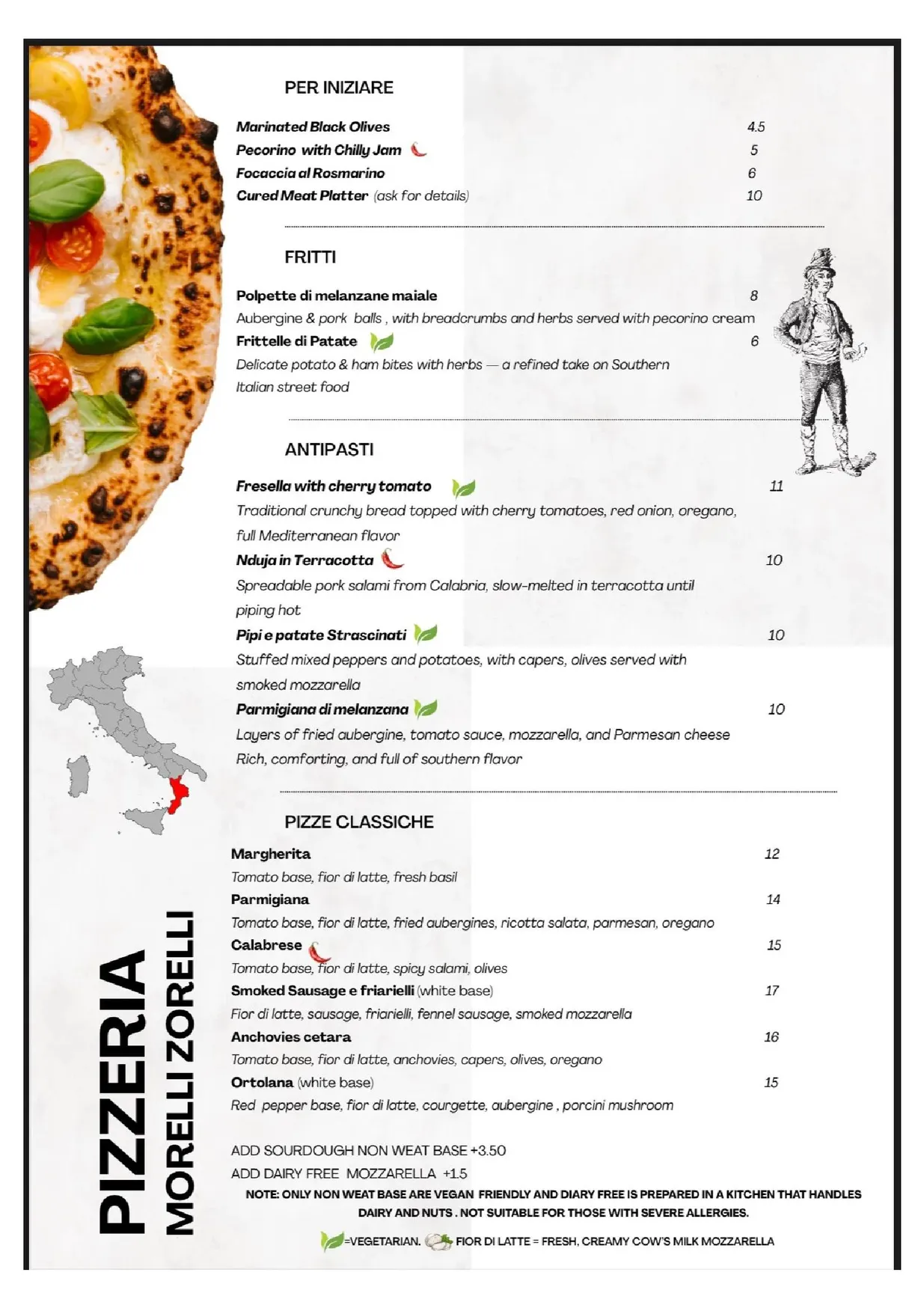 Morelli Zorelli menu, page 1