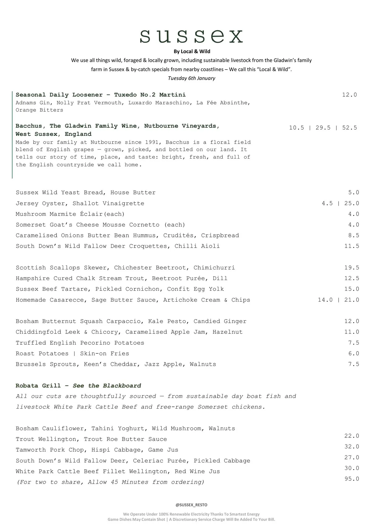 Sussex menu, page 1
