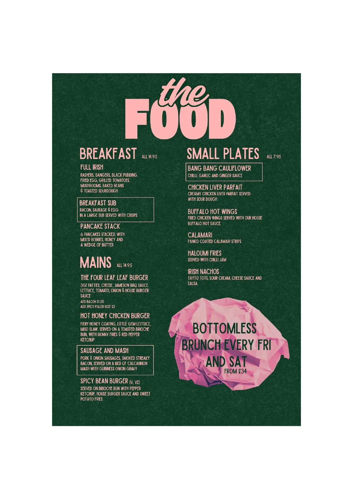 The Four Leaf menu, page 1
