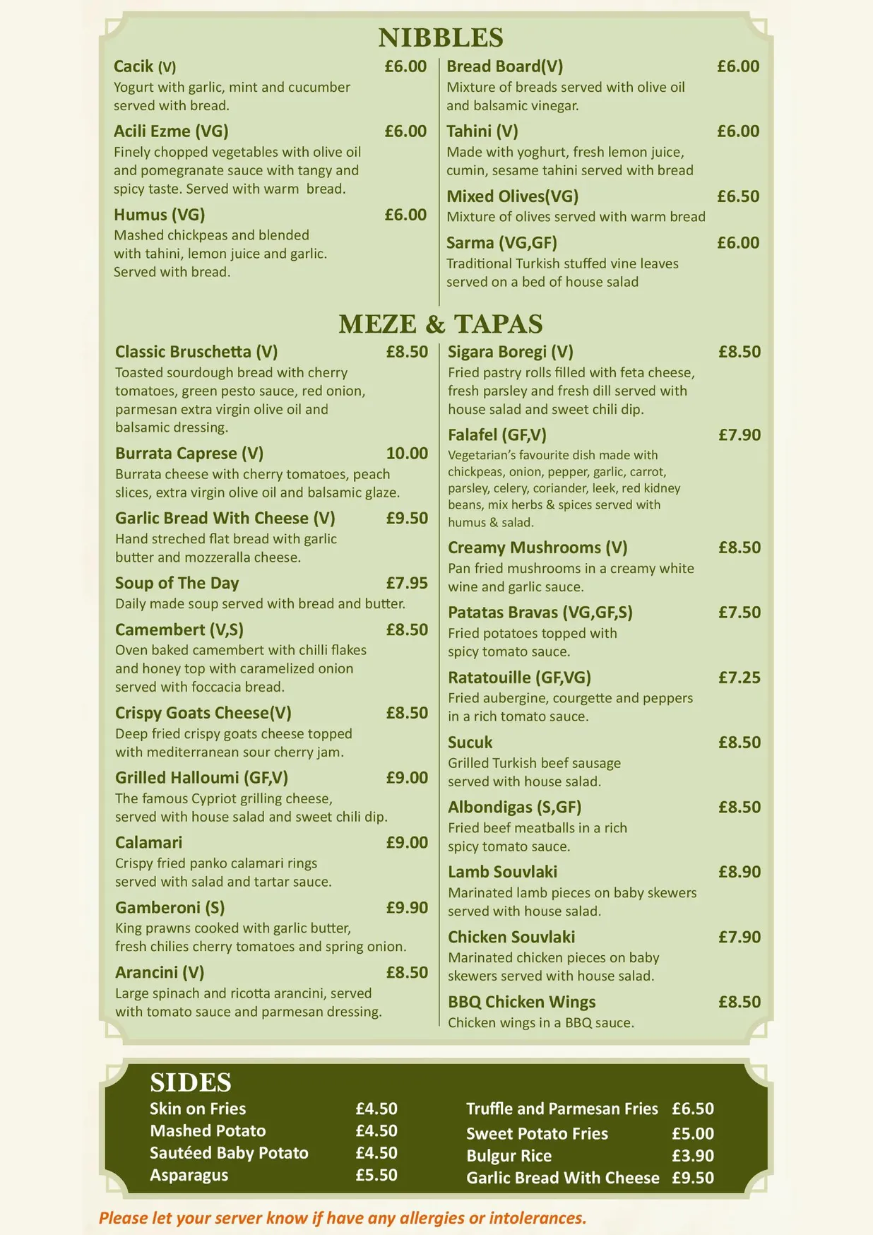 Olive Tree menu, page 1