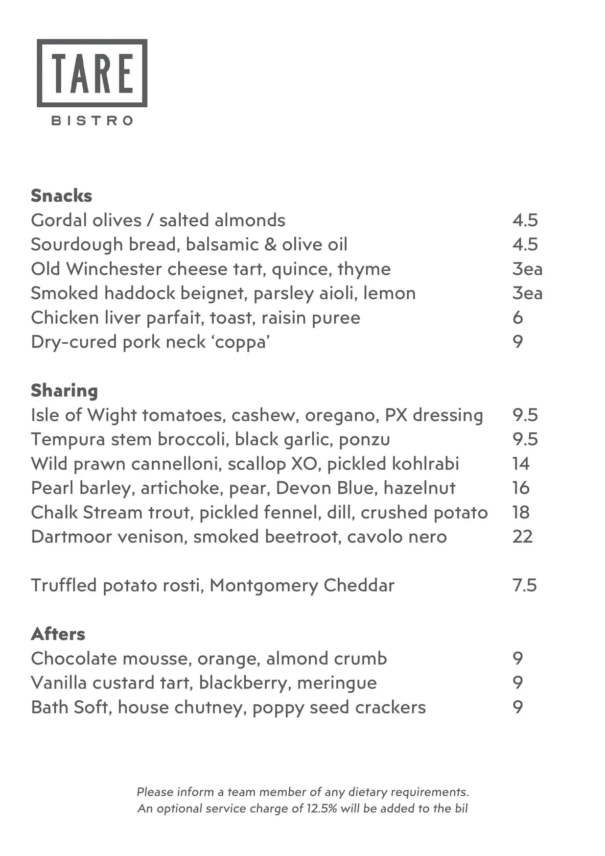 Tare Bistro menu, page 1