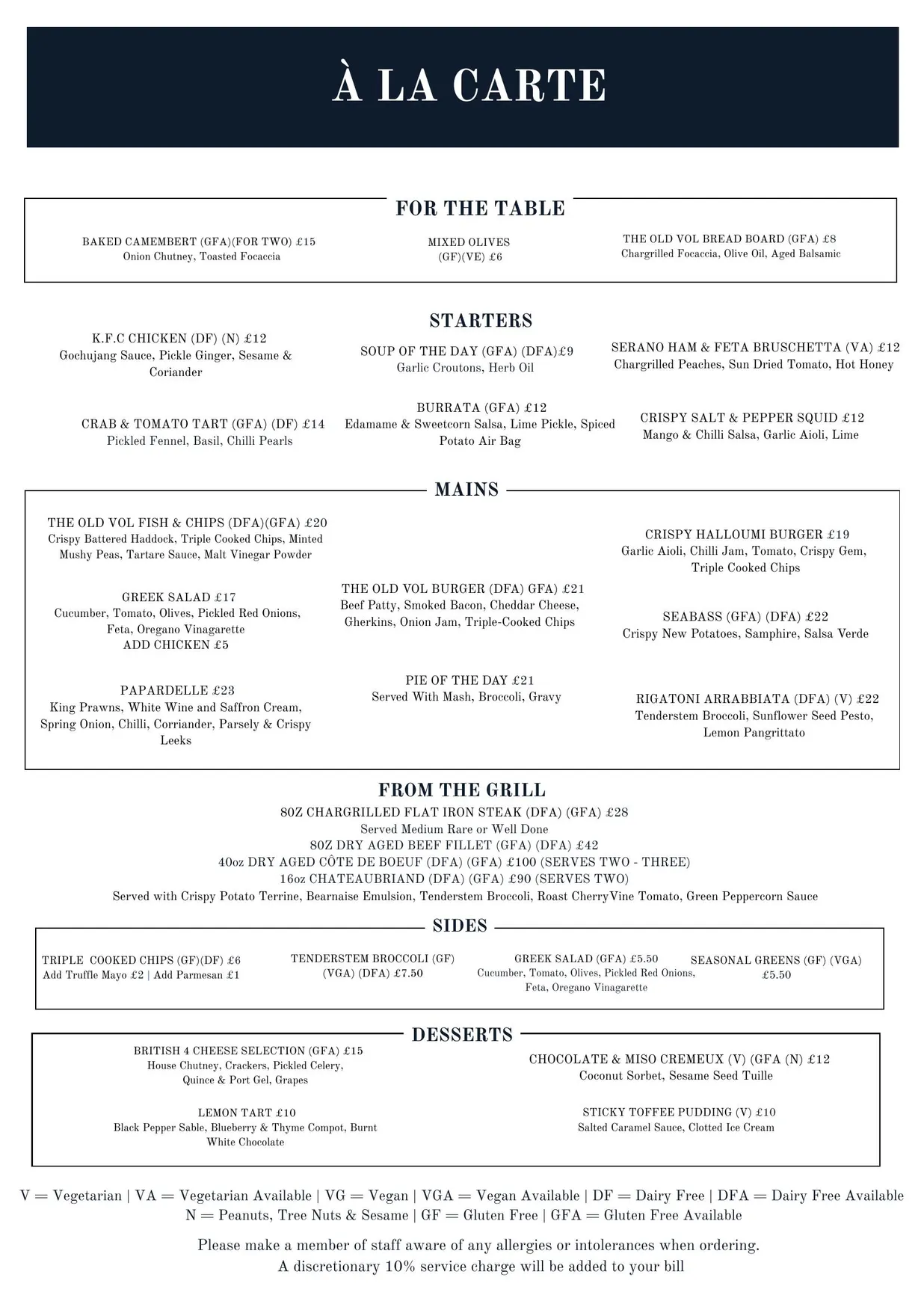 The Old Vol menu, page 1